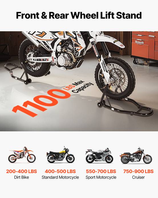 VEVOR Béquille moto avant/arrière charge 499kg, fourches double/U+L, bras oscillant, compatible Yamaha/Honda/etc. - Image 2
