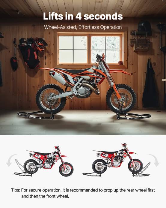 VEVOR Béquille moto avant/arrière charge 499kg, fourches double/U+L, bras oscillant, compatible Yamaha/Honda/etc. - Image 6