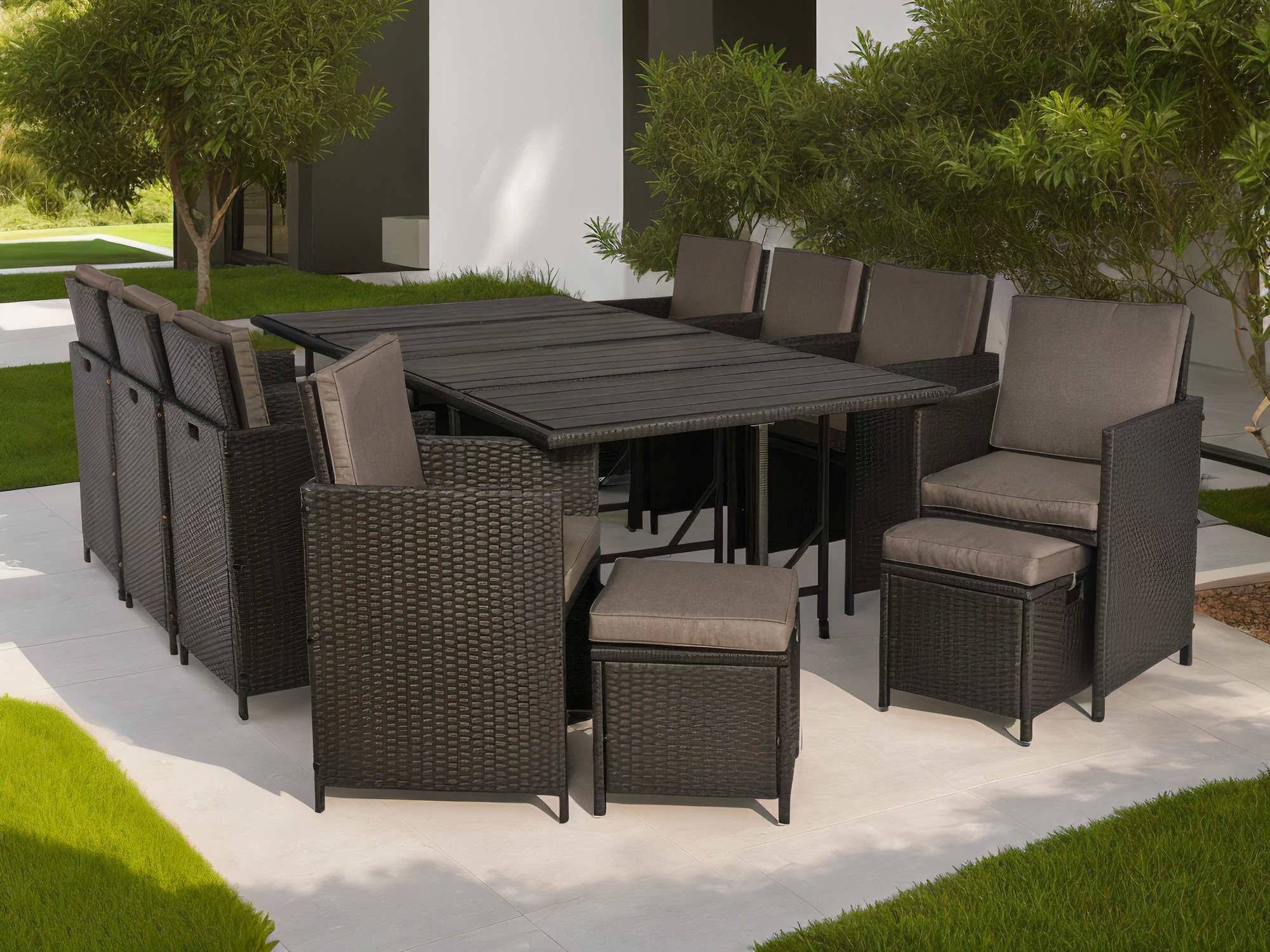 Best Mobilier - Sunny - salon de jardin encastrable 12 places - en résine tressée, plateau polywood - avec housse de protection - noir taupe - Best Mobilier - Imagen 2