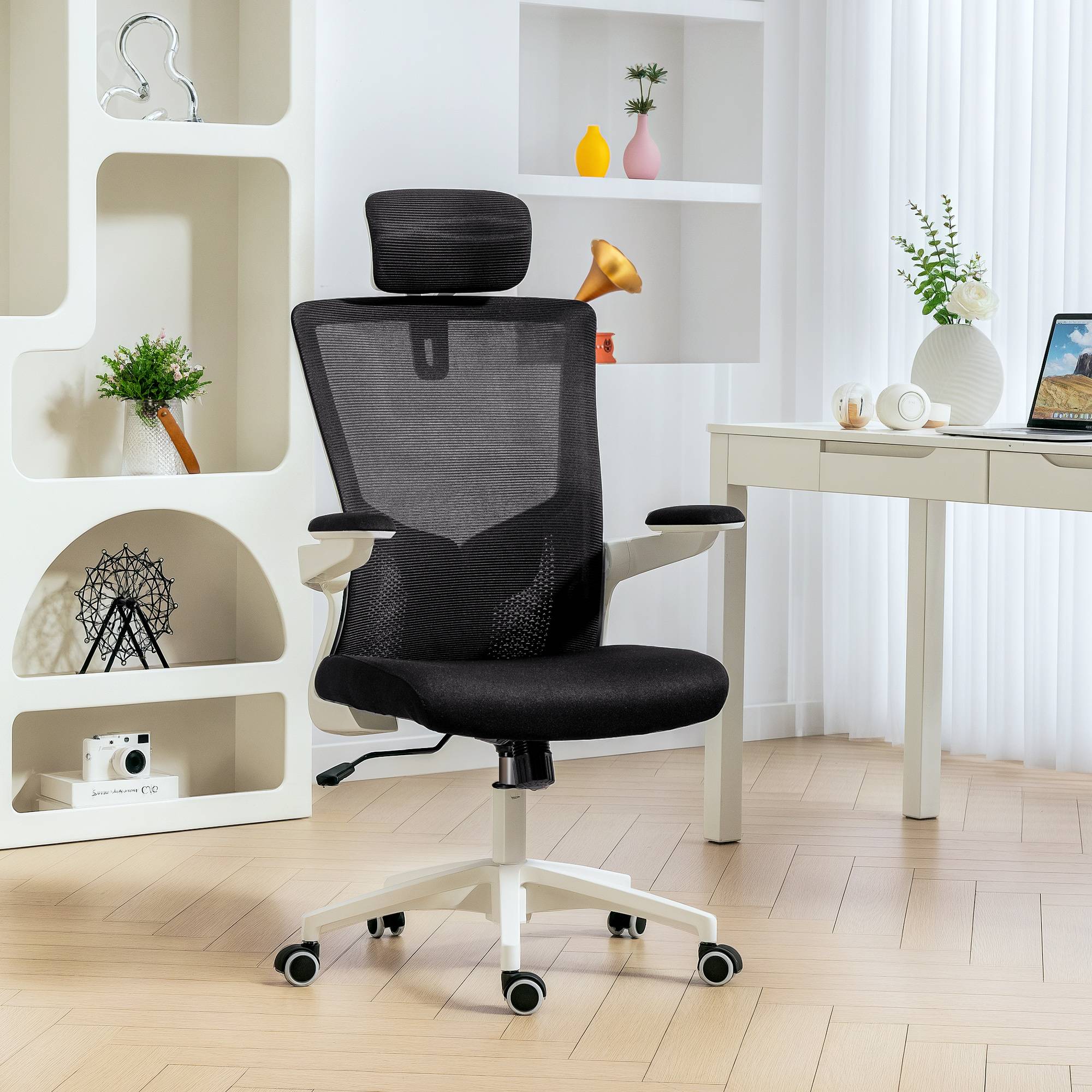 Sans Marque - Chaise bureau ergonomique, fauteuil de bureau, accoudoirs relevables, soutien lombaire, appui-tête, 60x63x120cm, noir - Image 4