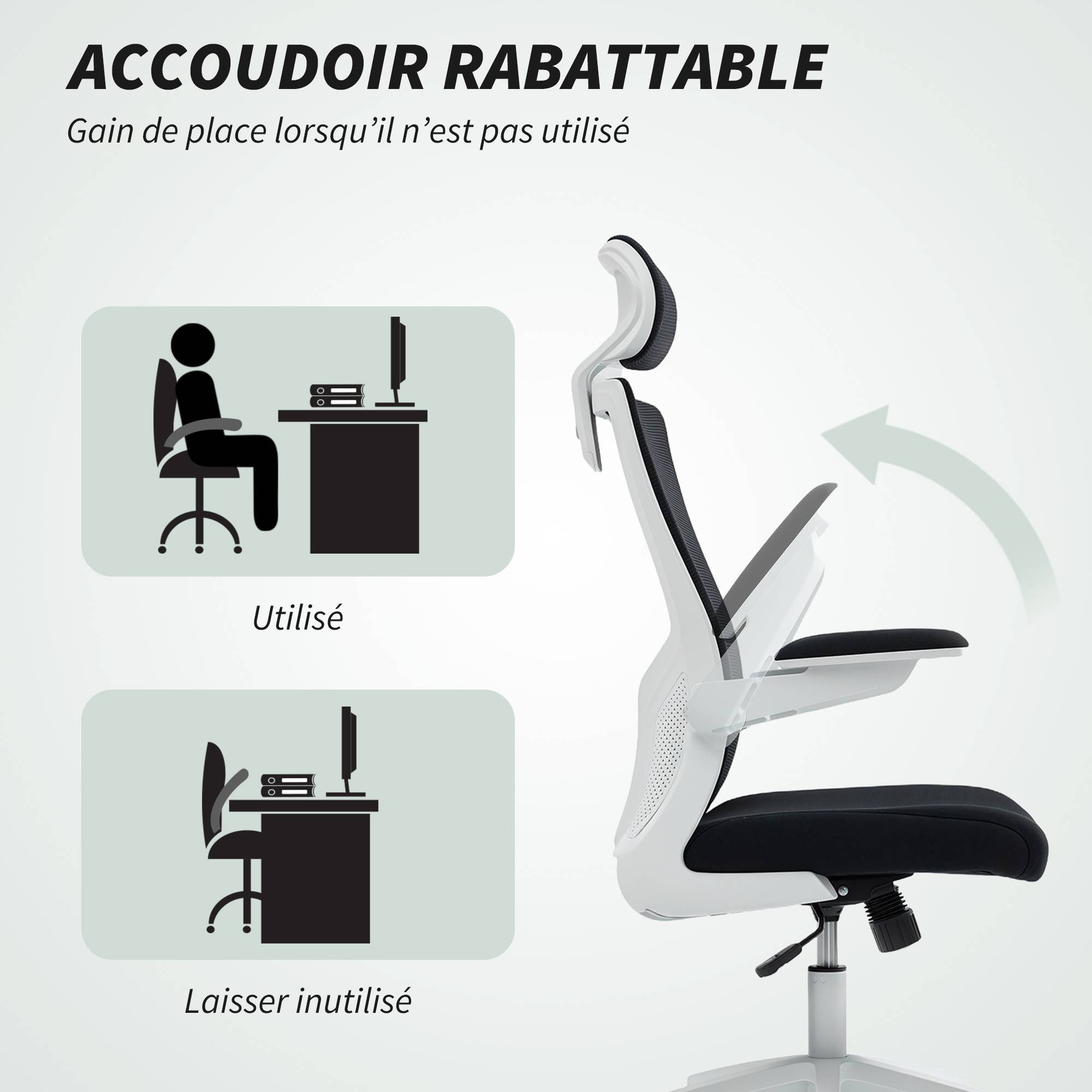 Sans Marque - Chaise bureau ergonomique, fauteuil de bureau, accoudoirs relevables, soutien lombaire, appui-tête, 60x63x120cm, noir - Image 9
