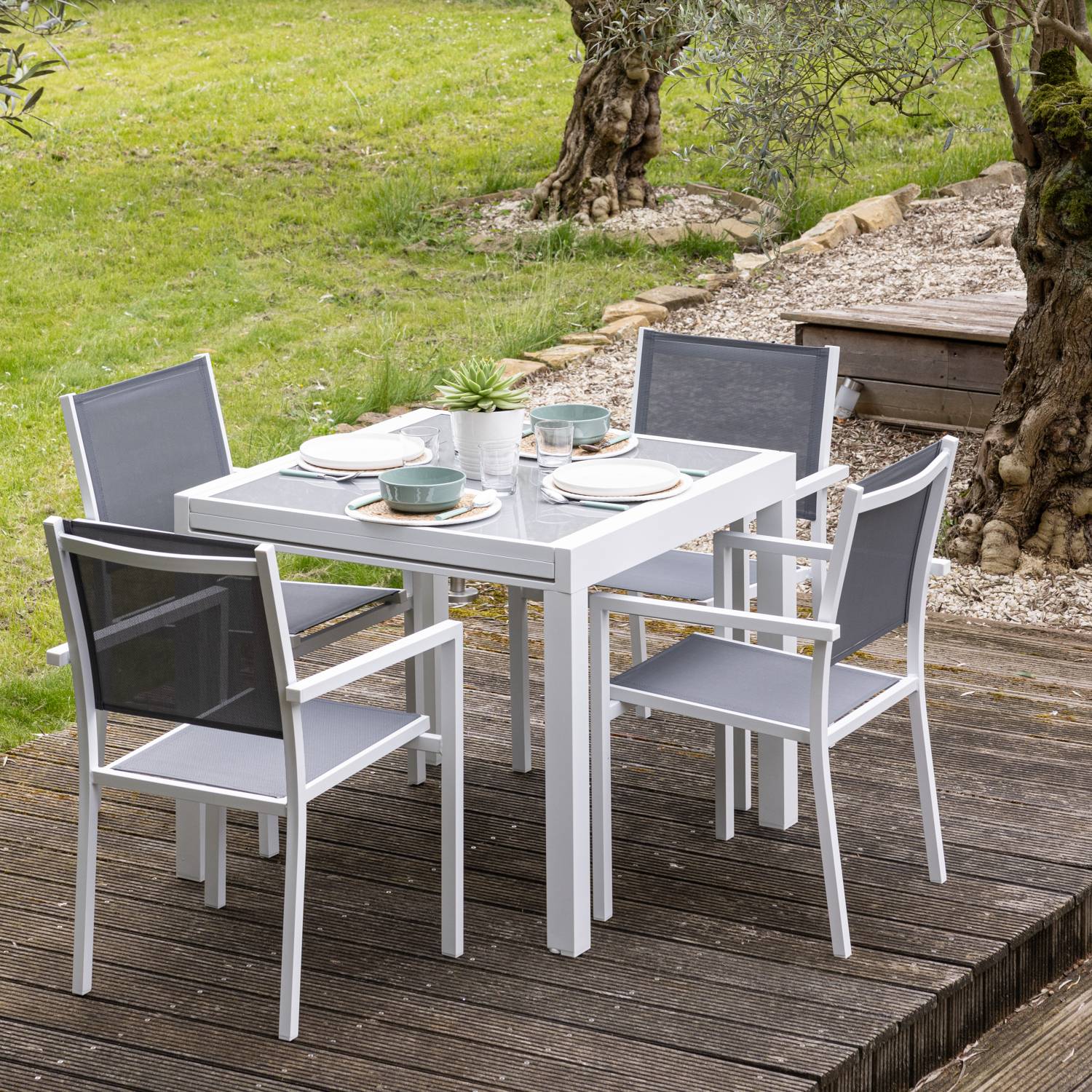 Happy Garden - Salon de jardin LAMPEDUSA extensible en textilène gris 8 places - aluminium blanc - HAPPY GARDEN - Imagen 4