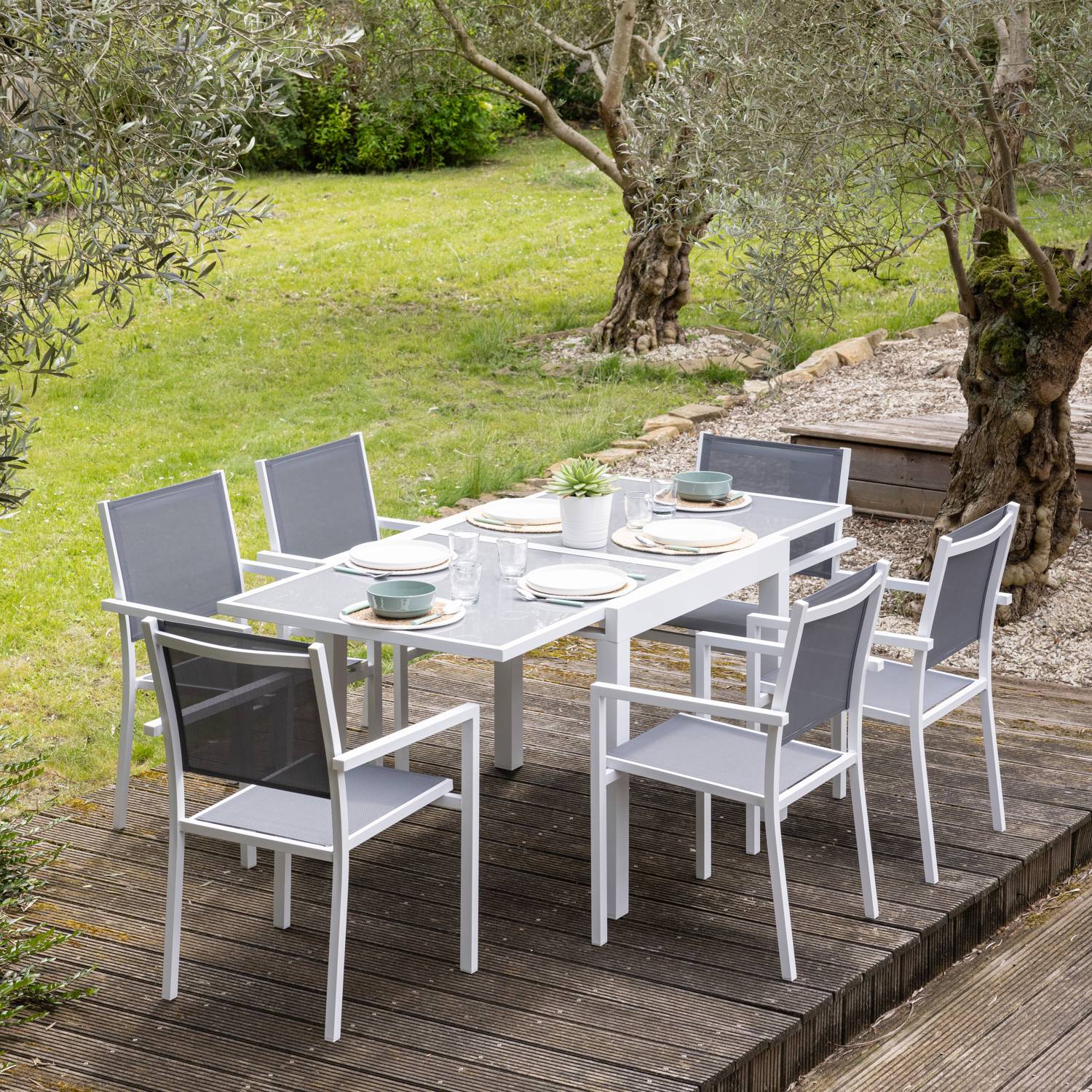 Happy Garden - Salon de jardin LAMPEDUSA extensible en textilène gris 8 places - aluminium blanc - HAPPY GARDEN - Imagen 2