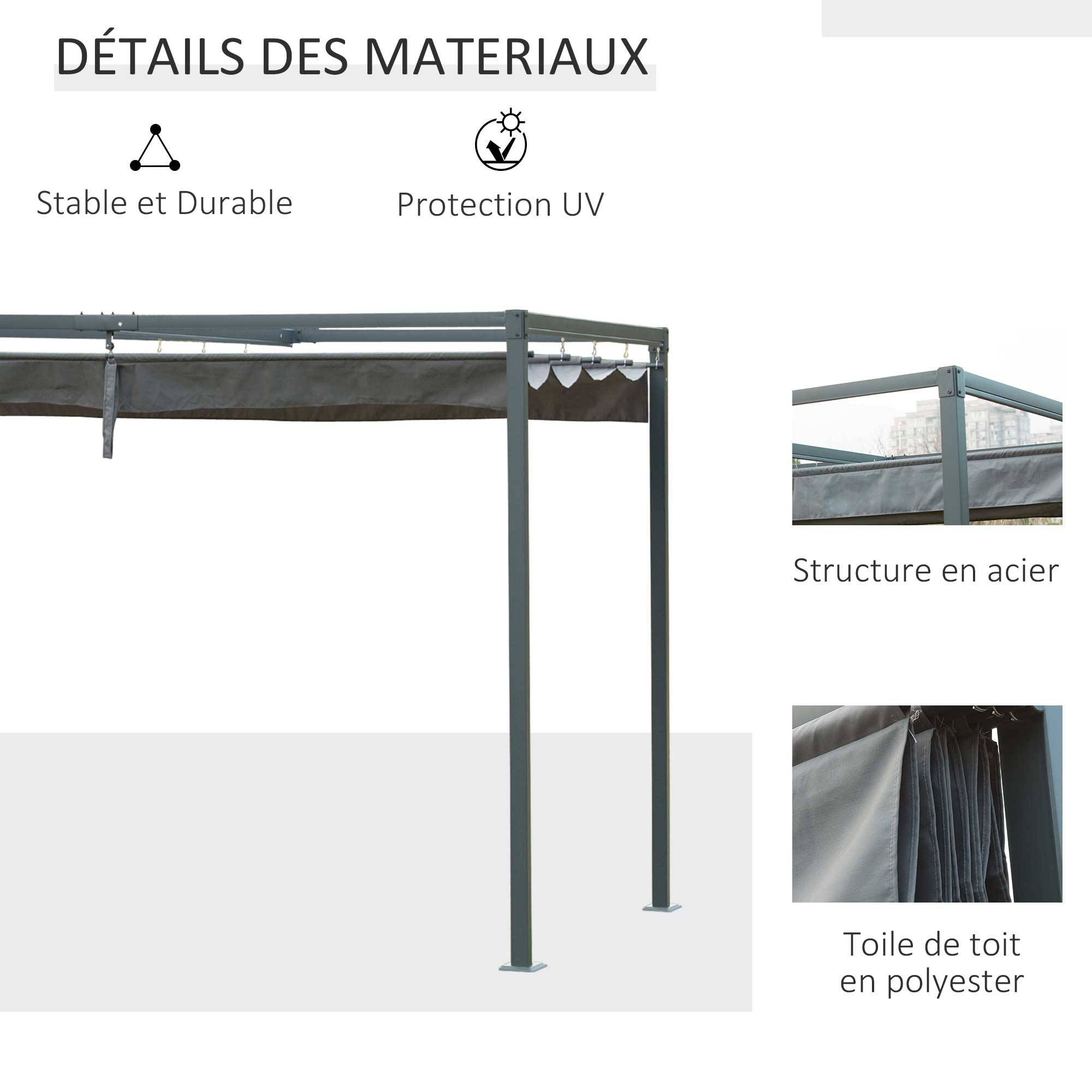 Outsunny - Pergola rétractable coulissante 3x2m structure métal époxy anticorrosion toile polyester 180g/m² gris - HOMCOM - Image 4