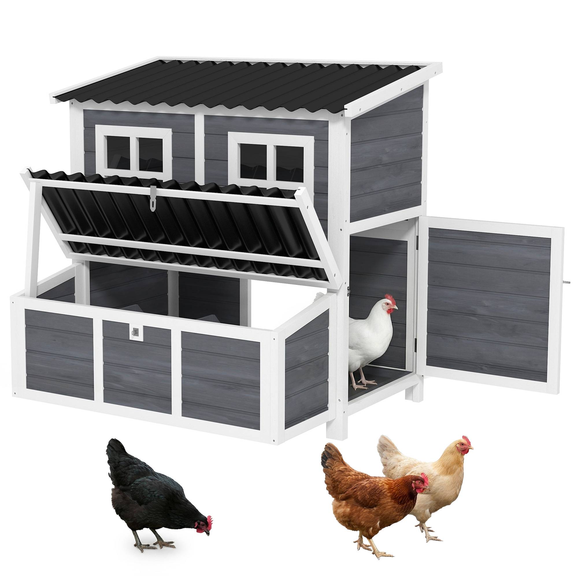 Sans Marque - Poulailler bois XL 3 compartiments tiroir amovible toit imperméable porte-rampe 100x86x100 cm gris