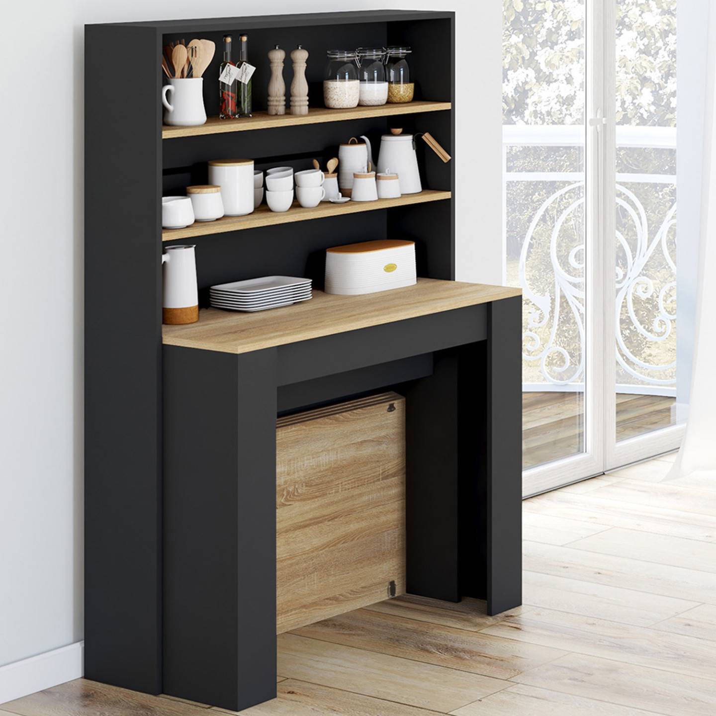 Table buffet haut extensible ORLANDO 8 personnes bois et noir 235 cm - Image 3