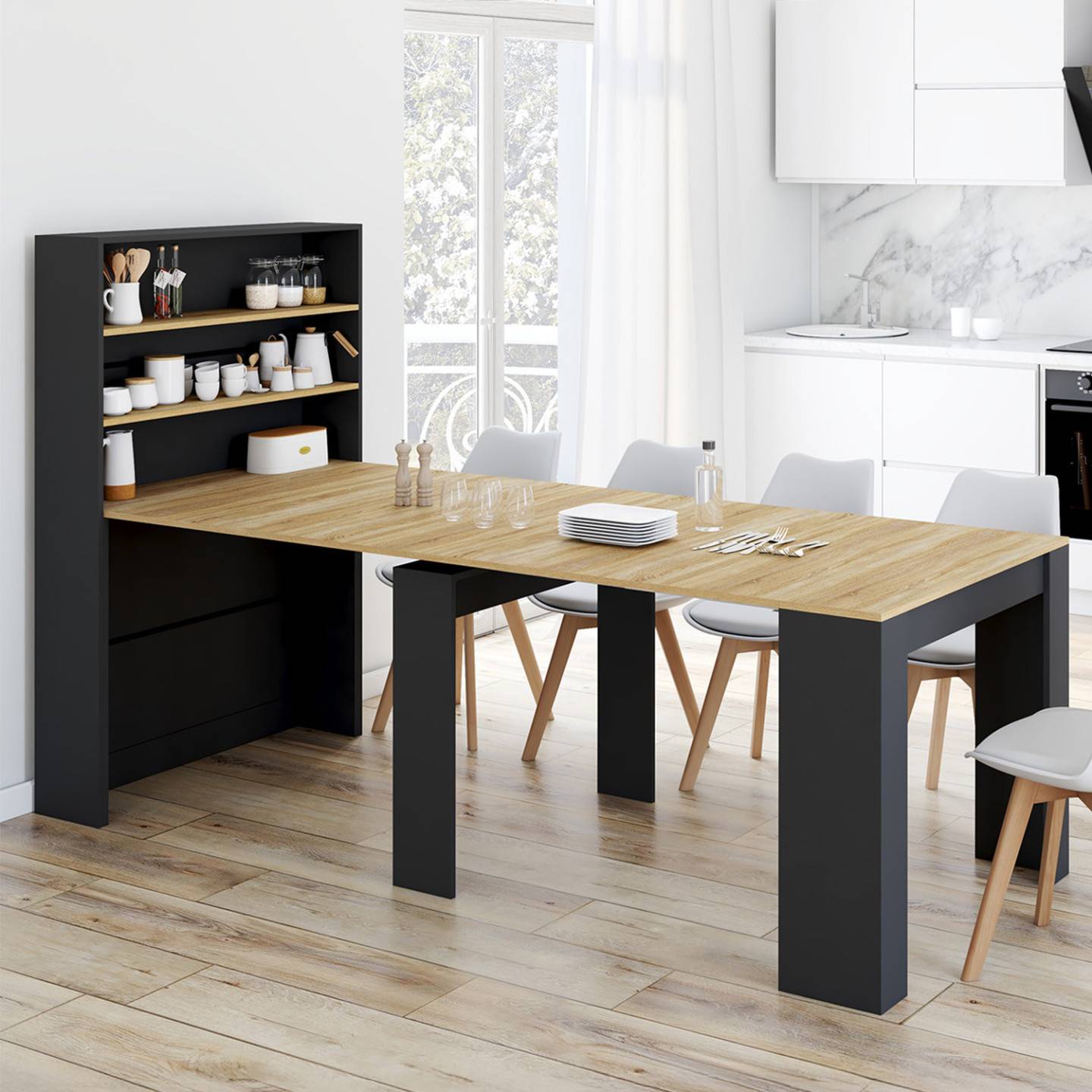 Table buffet haut extensible ORLANDO 8 personnes bois et noir 235 cm - Image 1