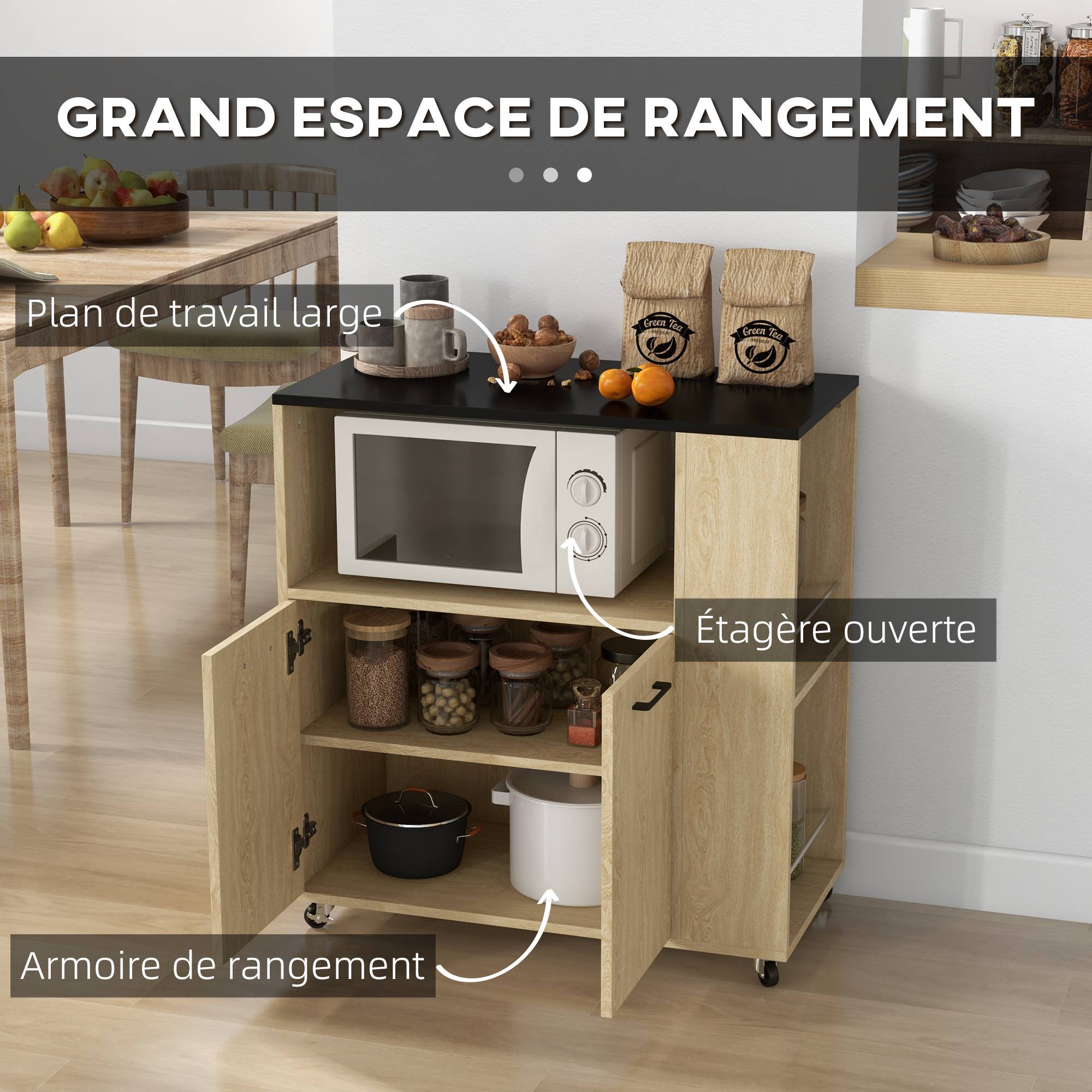 Desserte chariot cuisine multi rangements avec roulettes 75 x 40 x 80,5 cm - Image 6