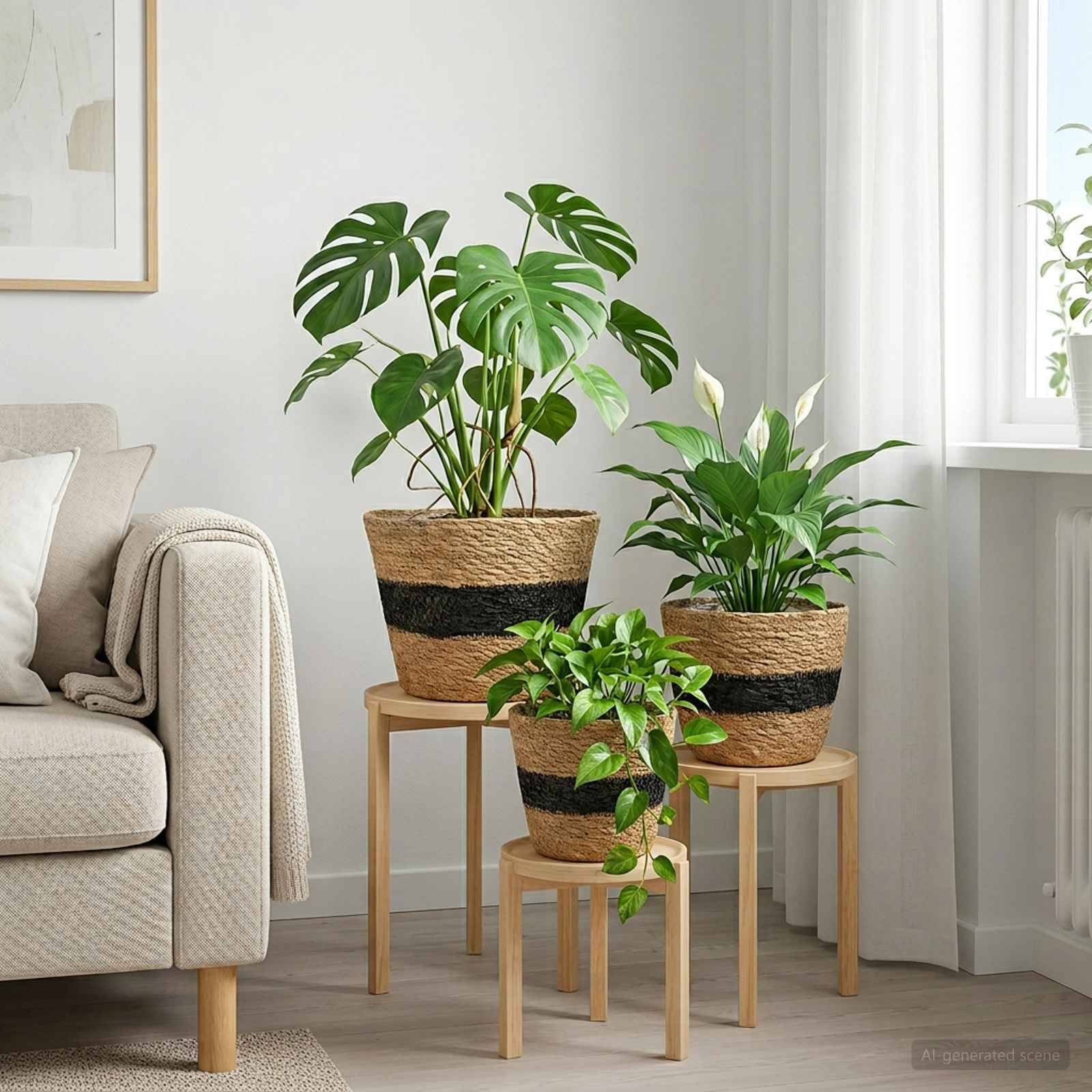Paniers à plantes herbe de mer naturel et noir 26 x 26 x 19 cm, Poids:0.81kg - PANGIVO - Image 1