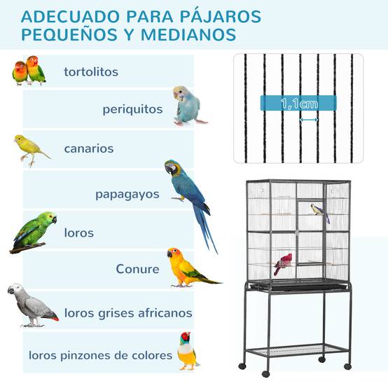 Cage pour oiseaux avec roues, volière métallique avec perchoirs, mangeoires et étagère, 81x48x162,5 cm, noir et gris - Image 9