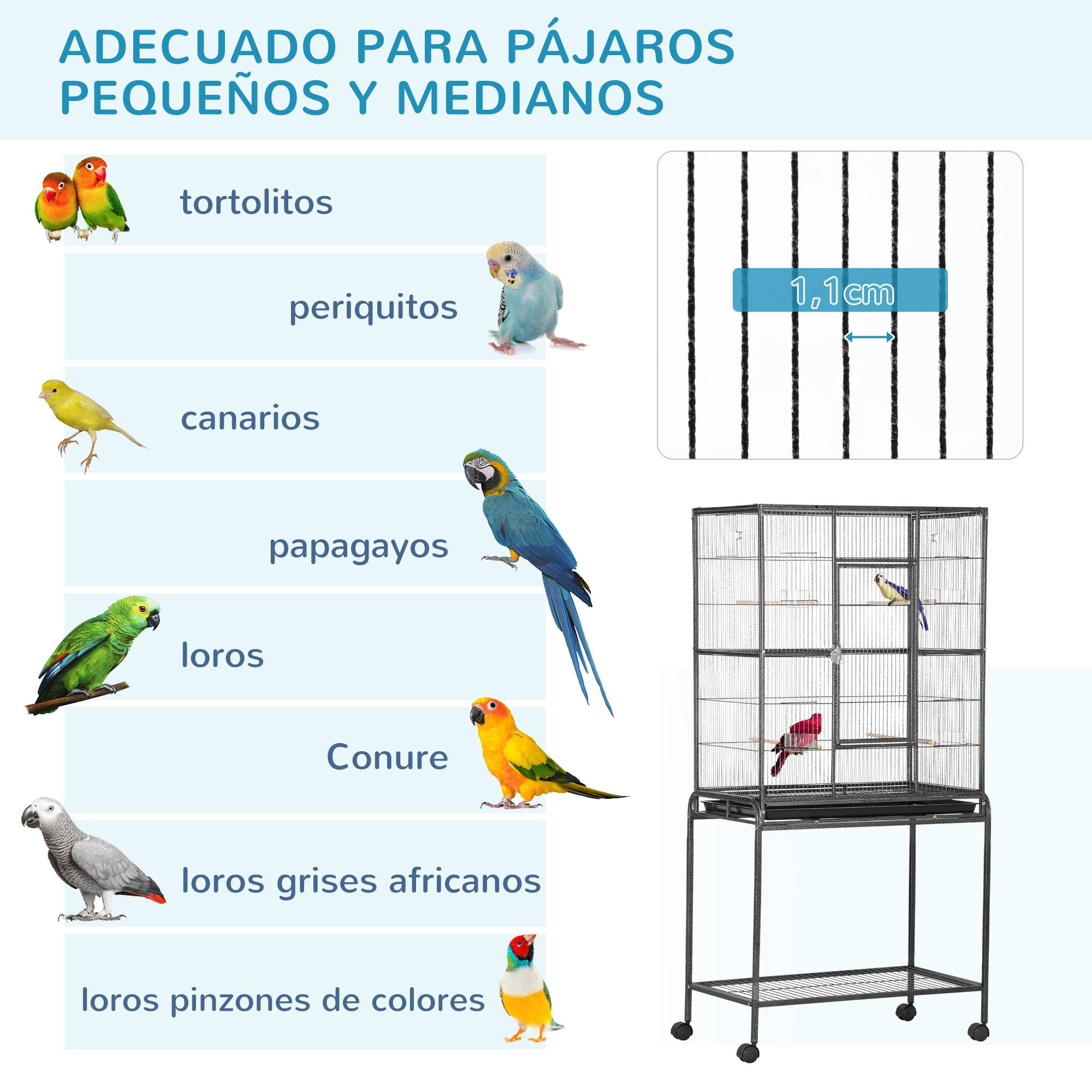 Cage pour oiseaux avec roues, volière métallique avec perchoirs, mangeoires et étagère, 81x48x162,5 cm, noir et gris - Image 9
