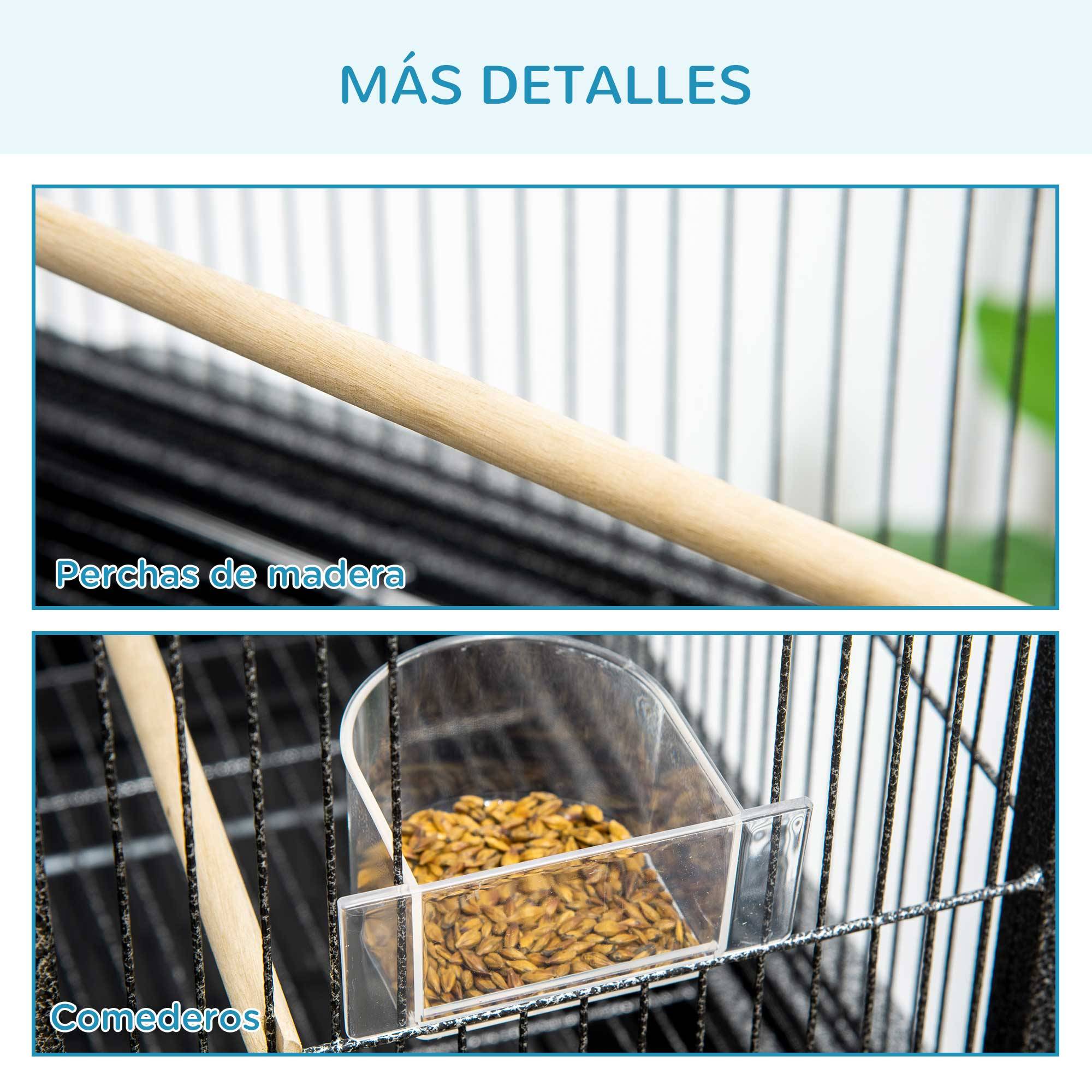 Cage pour oiseaux avec roues, volière métallique avec perchoirs, mangeoires et étagère, 81x48x162,5 cm, noir et gris - Image 10
