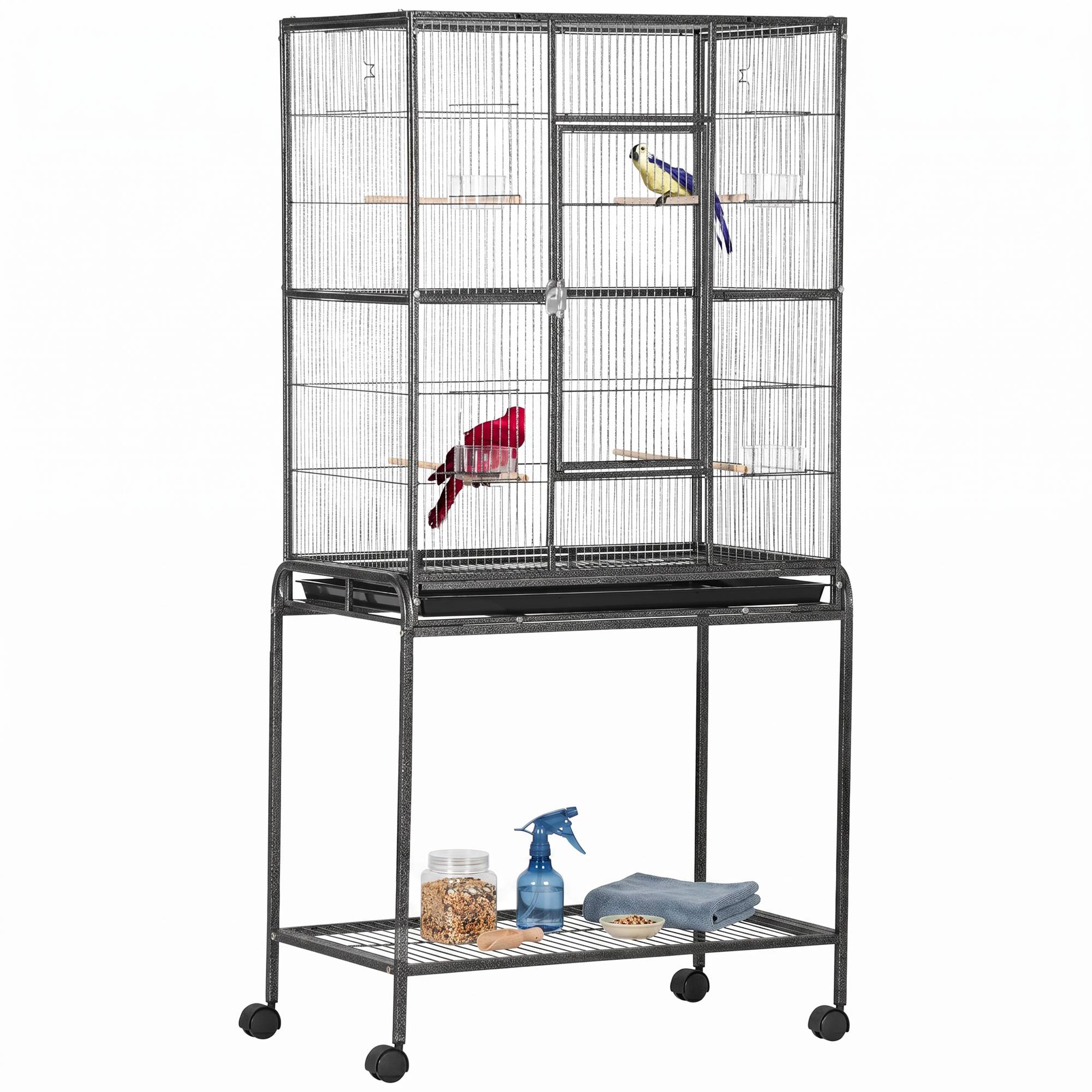 Cage pour oiseaux avec roues, volière métallique avec perchoirs, mangeoires et étagère, 81x48x162,5 cm, noir et gris - Image 1