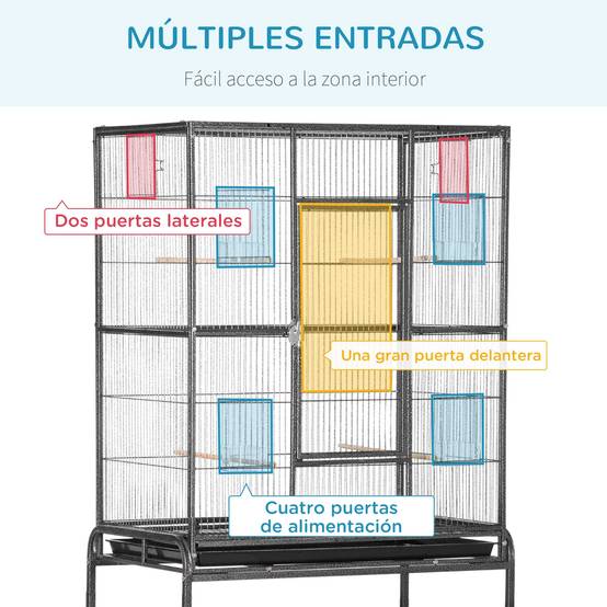 Cage pour oiseaux avec roues, volière métallique avec perchoirs, mangeoires et étagère, 81x48x162,5 cm, noir et gris - Image 7