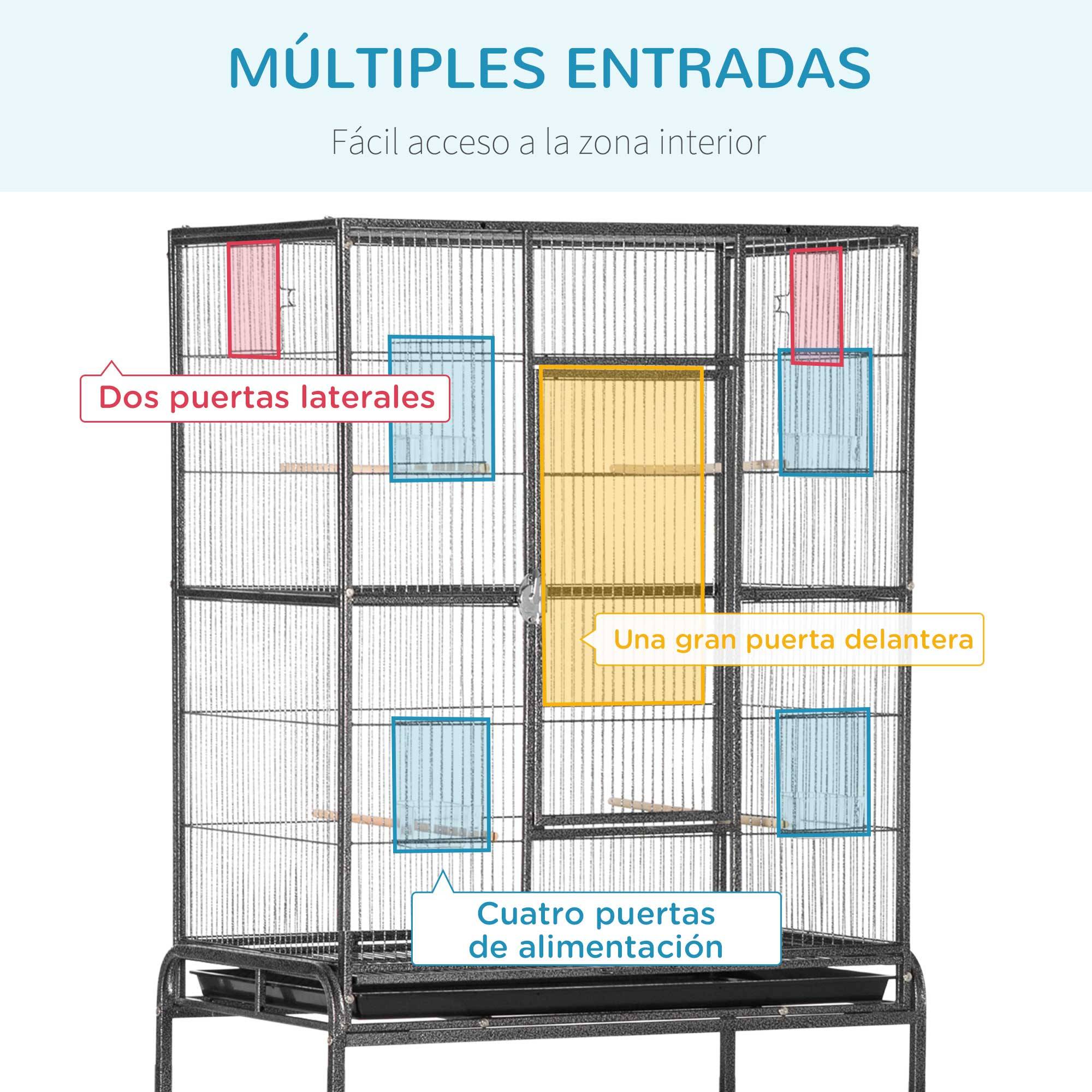 Cage pour oiseaux avec roues, volière métallique avec perchoirs, mangeoires et étagère, 81x48x162,5 cm, noir et gris - Image 7