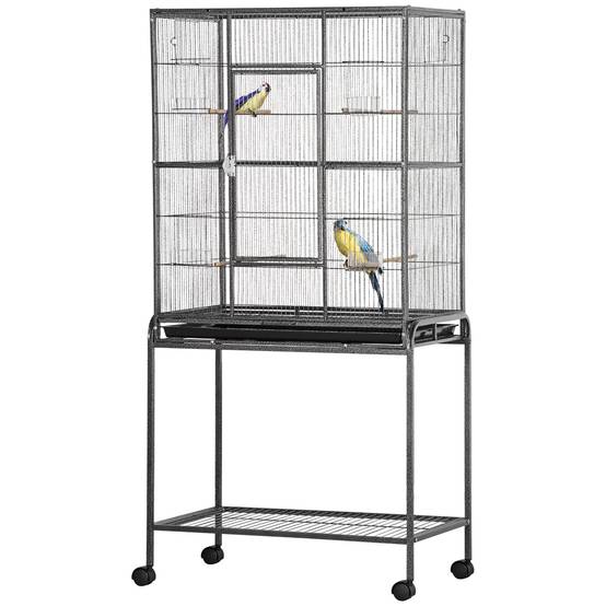 Cage pour oiseaux avec roues, volière métallique avec perchoirs, mangeoires et étagère, 81x48x162,5 cm, noir et gris - Image 2