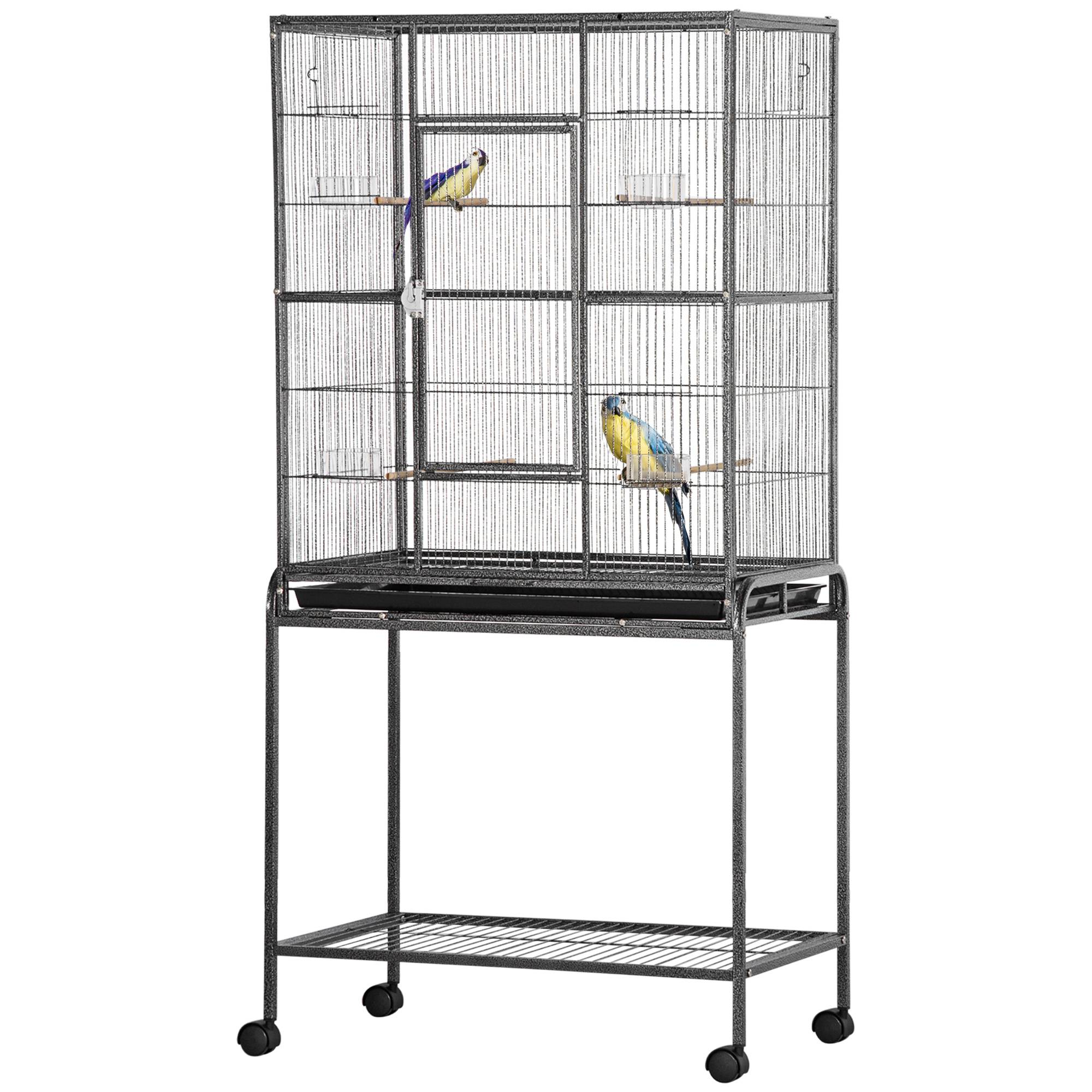 Cage pour oiseaux avec roues, volière métallique avec perchoirs, mangeoires et étagère, 81x48x162,5 cm, noir et gris - Image 2