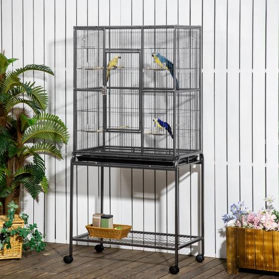 Cage pour oiseaux avec roues, volière métallique avec perchoirs, mangeoires et étagère, 81x48x162,5 cm, noir et gris - Image 4