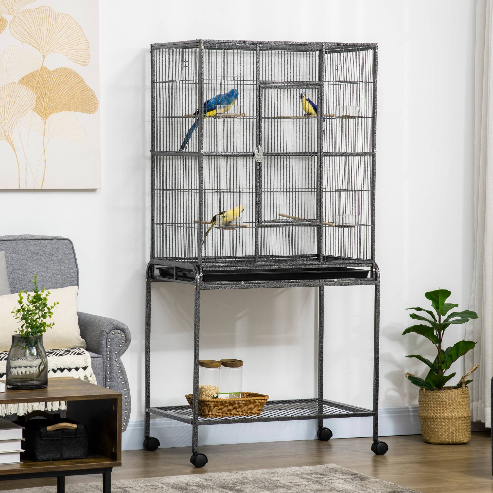 Cage pour oiseaux avec roues, volière métallique avec perchoirs, mangeoires et étagère, 81x48x162,5 cm, noir et gris - Image 3