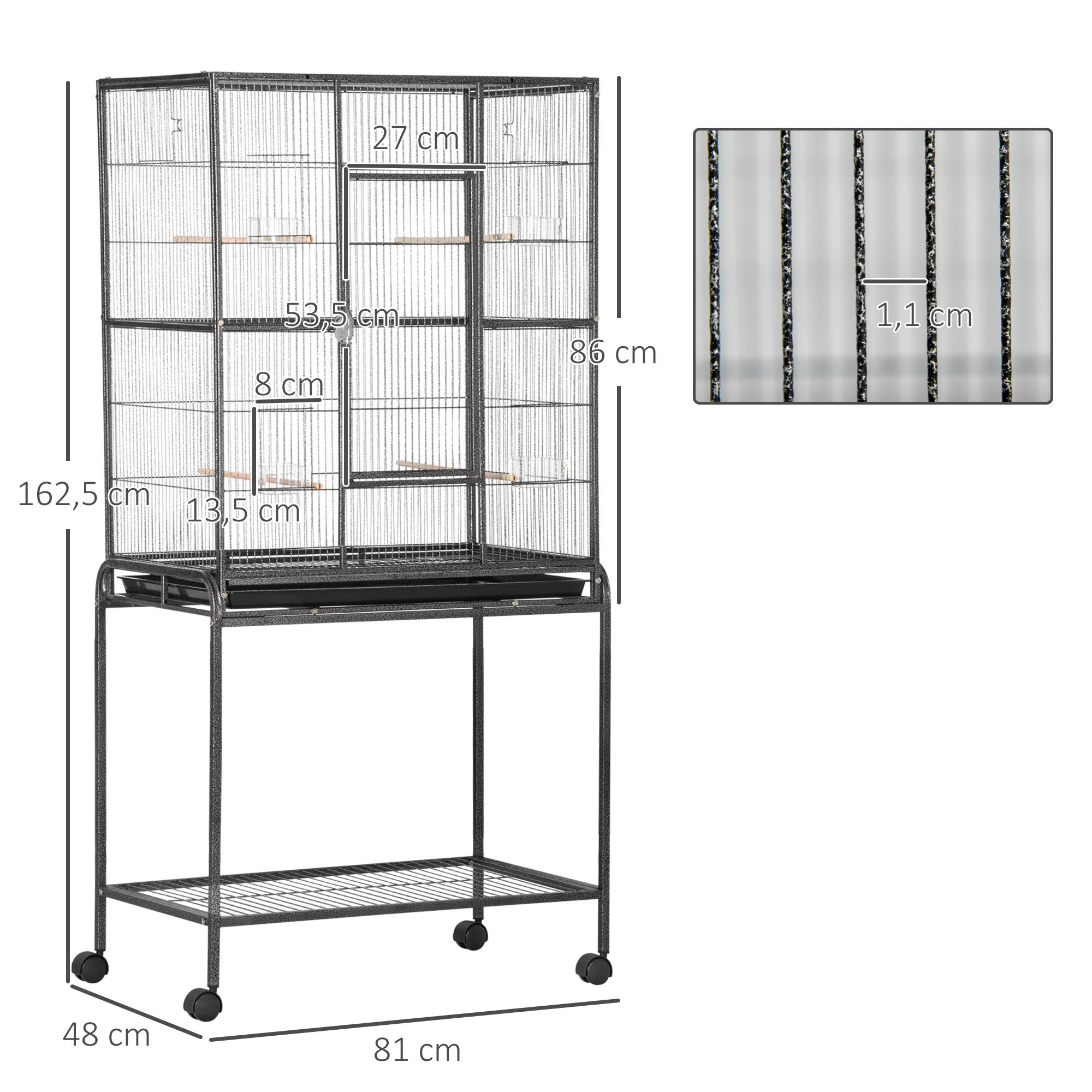 Cage pour oiseaux avec roues, volière métallique avec perchoirs, mangeoires et étagère, 81x48x162,5 cm, noir et gris - Image 5