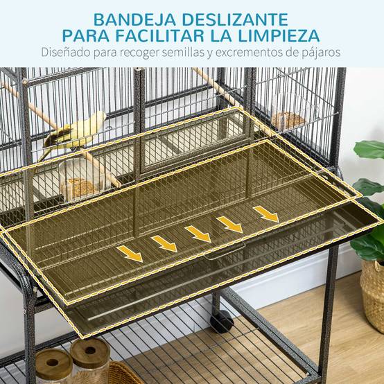 Cage pour oiseaux avec roues, volière métallique avec perchoirs, mangeoires et étagère, 81x48x162,5 cm, noir et gris - Image 6