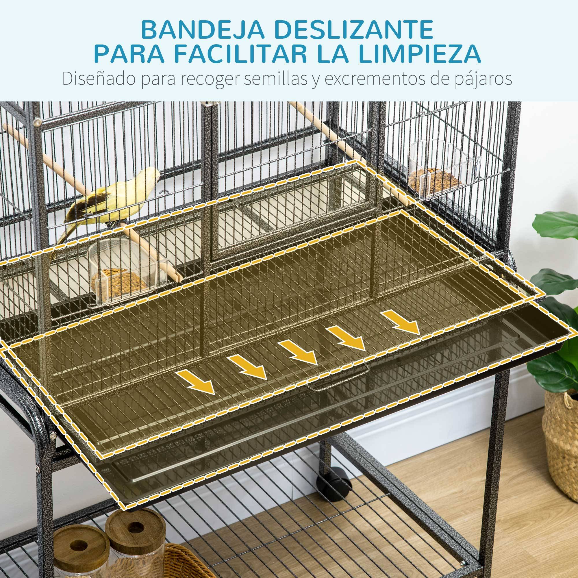 Cage pour oiseaux avec roues, volière métallique avec perchoirs, mangeoires et étagère, 81x48x162,5 cm, noir et gris - Image 6