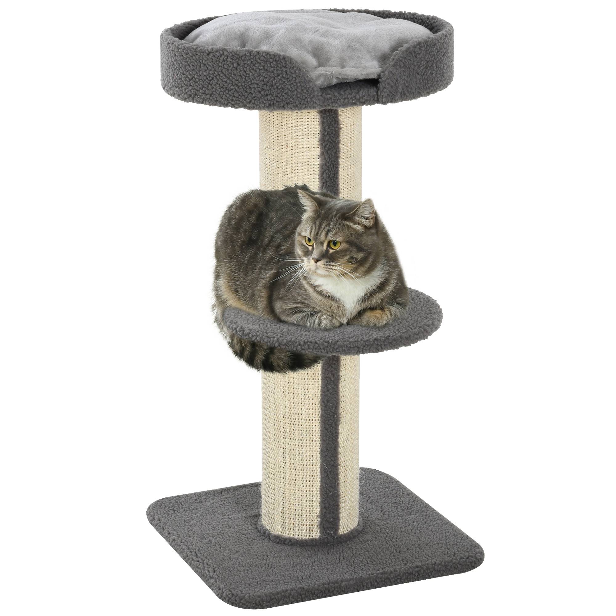 Arbre à chat PawHut 91 cm, poteaux sisal, plateforme, coussins, multi-niveaux, pour chats moyens, gris - Image 1