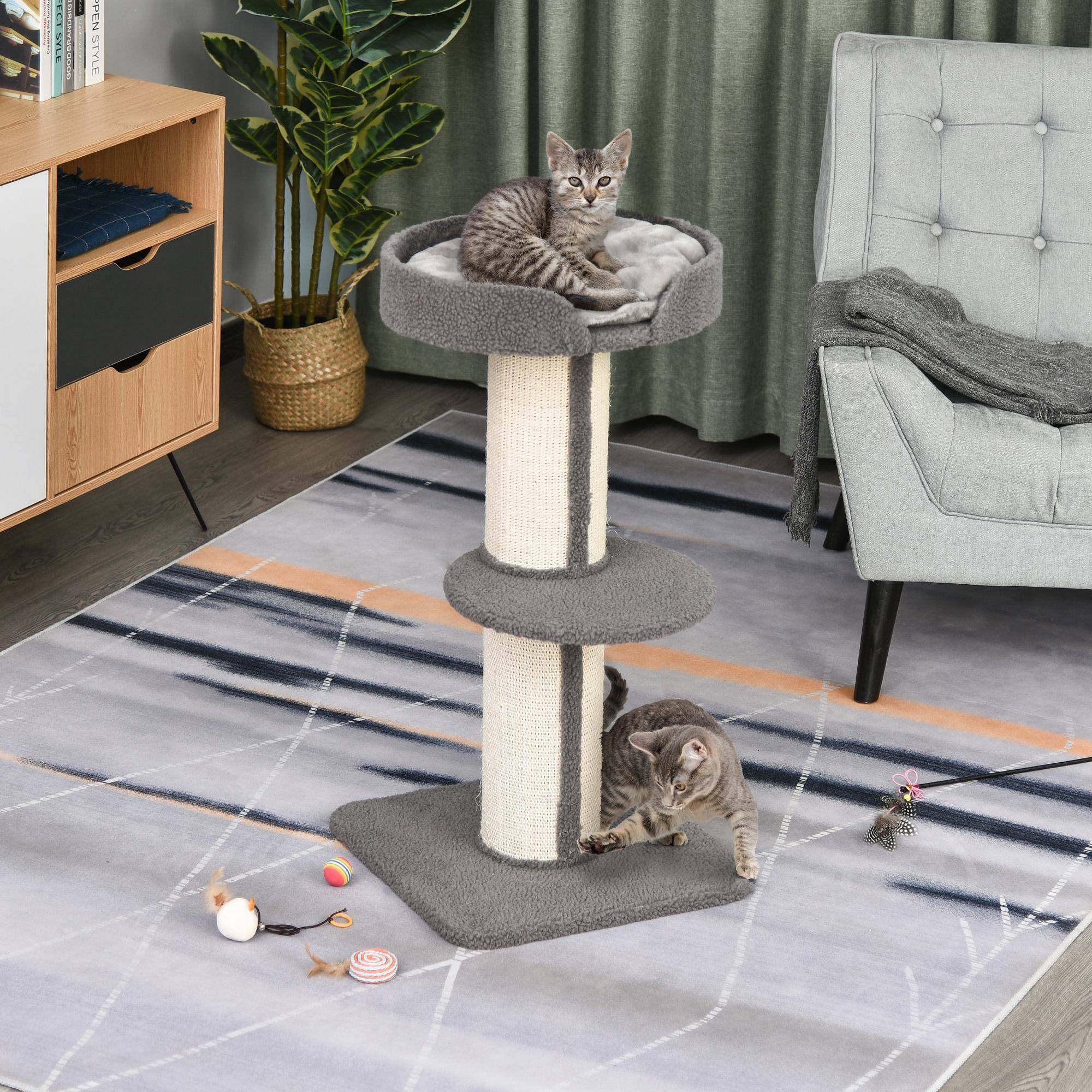 Arbre à chat PawHut 91 cm, poteaux sisal, plateforme, coussins, multi-niveaux, pour chats moyens, gris - Image 4