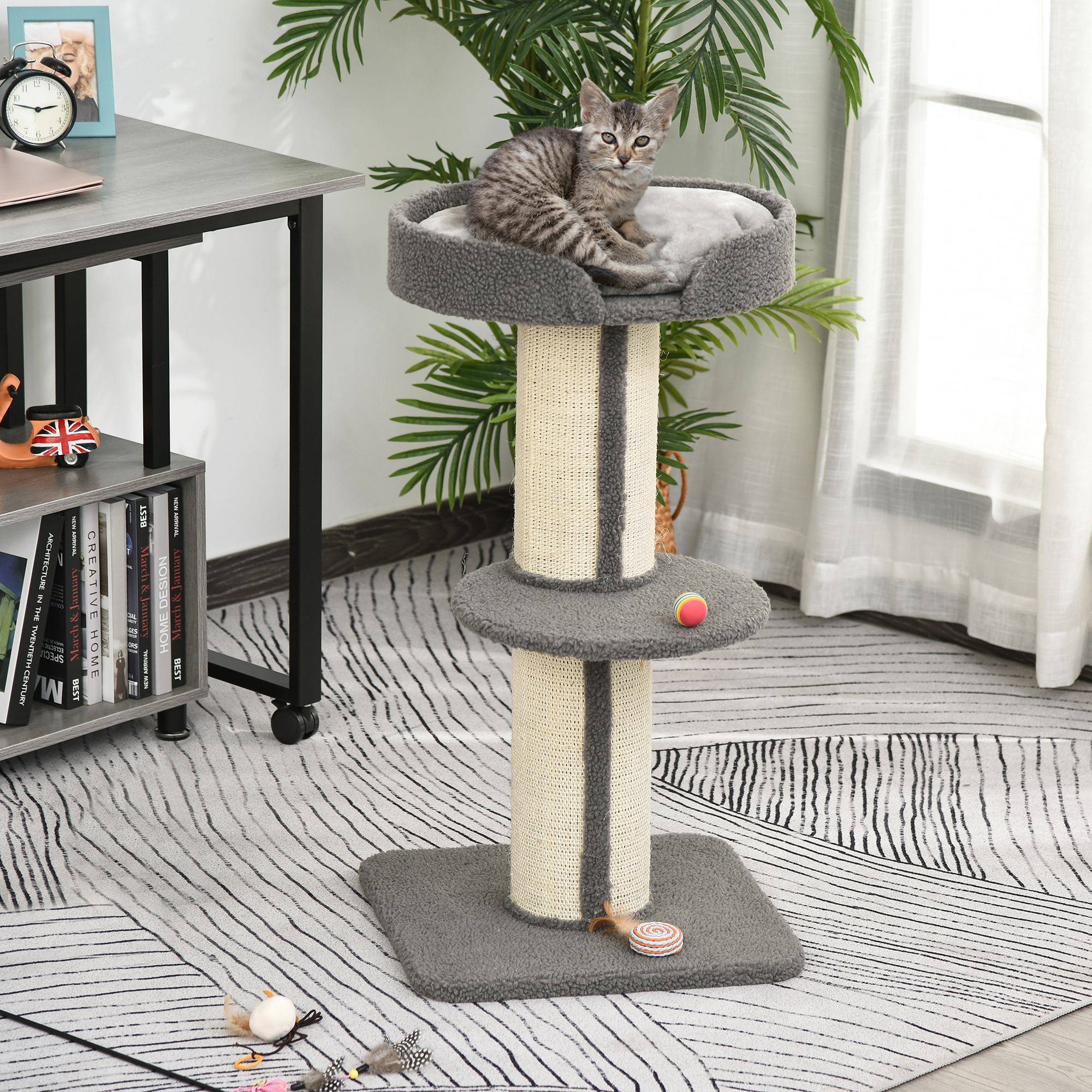 Arbre à chat PawHut 91 cm, poteaux sisal, plateforme, coussins, multi-niveaux, pour chats moyens, gris - Image 3
