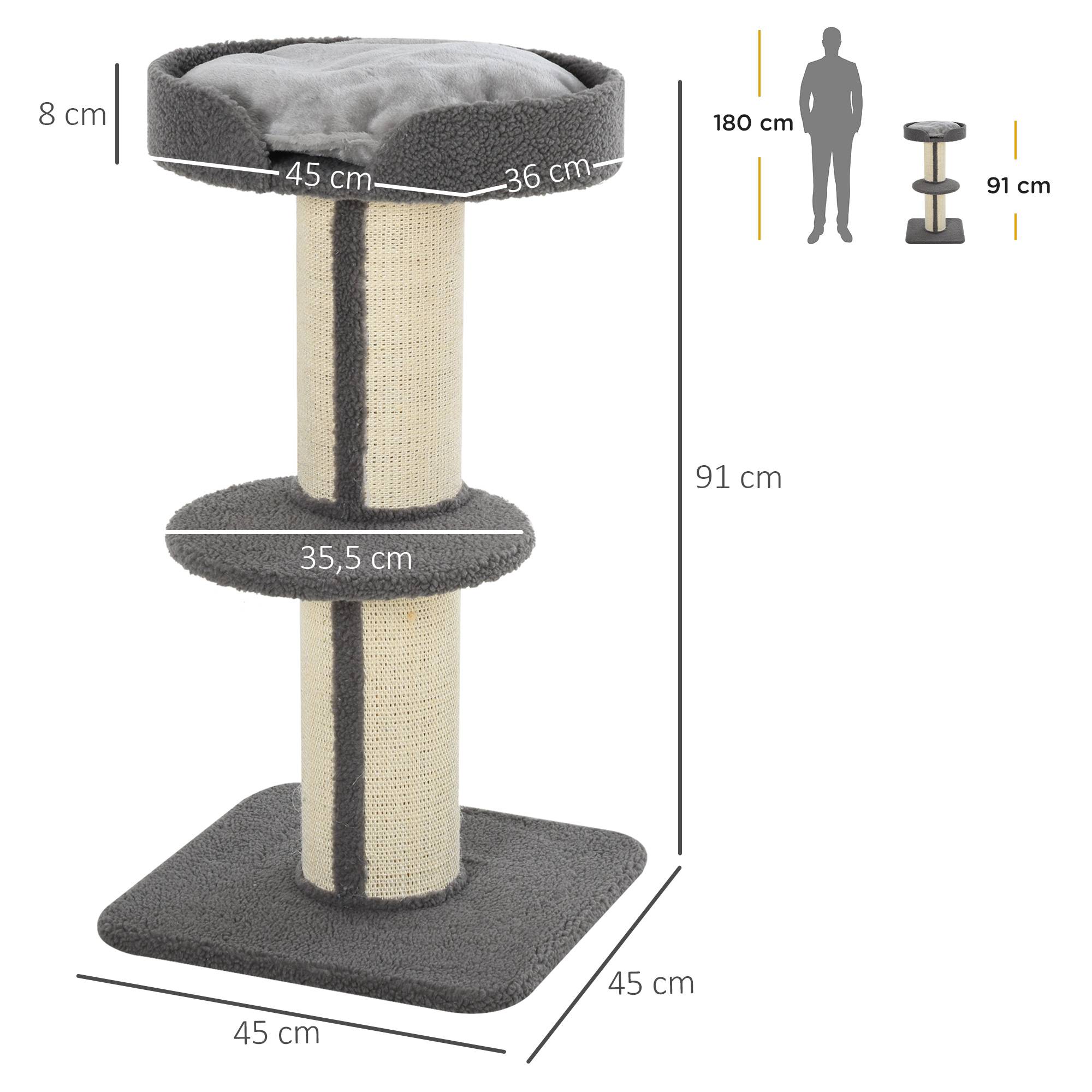 Arbre à chat PawHut 91 cm, poteaux sisal, plateforme, coussins, multi-niveaux, pour chats moyens, gris - Image 5