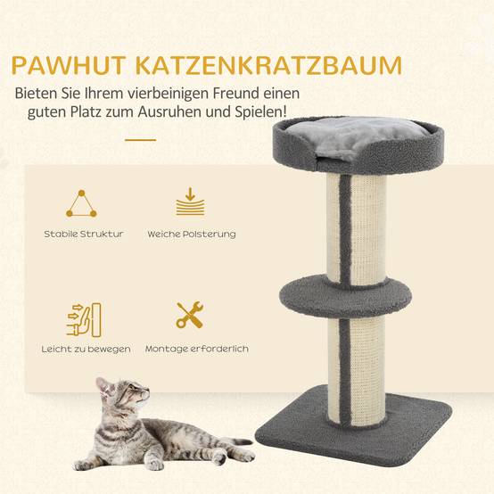 Arbre à chat PawHut 91 cm, poteaux sisal, plateforme, coussins, multi-niveaux, pour chats moyens, gris - Image 6