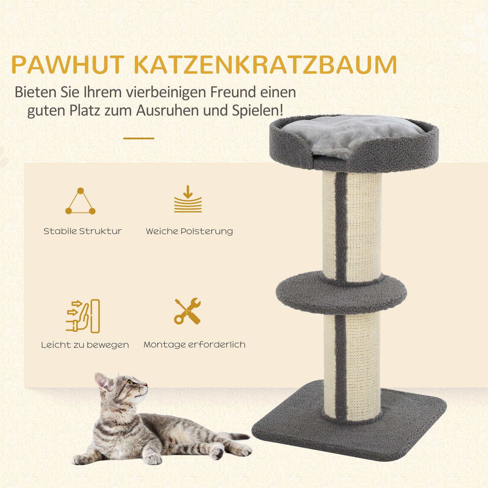Arbre à chat PawHut 91 cm, poteaux sisal, plateforme, coussins, multi-niveaux, pour chats moyens, gris - Image 6