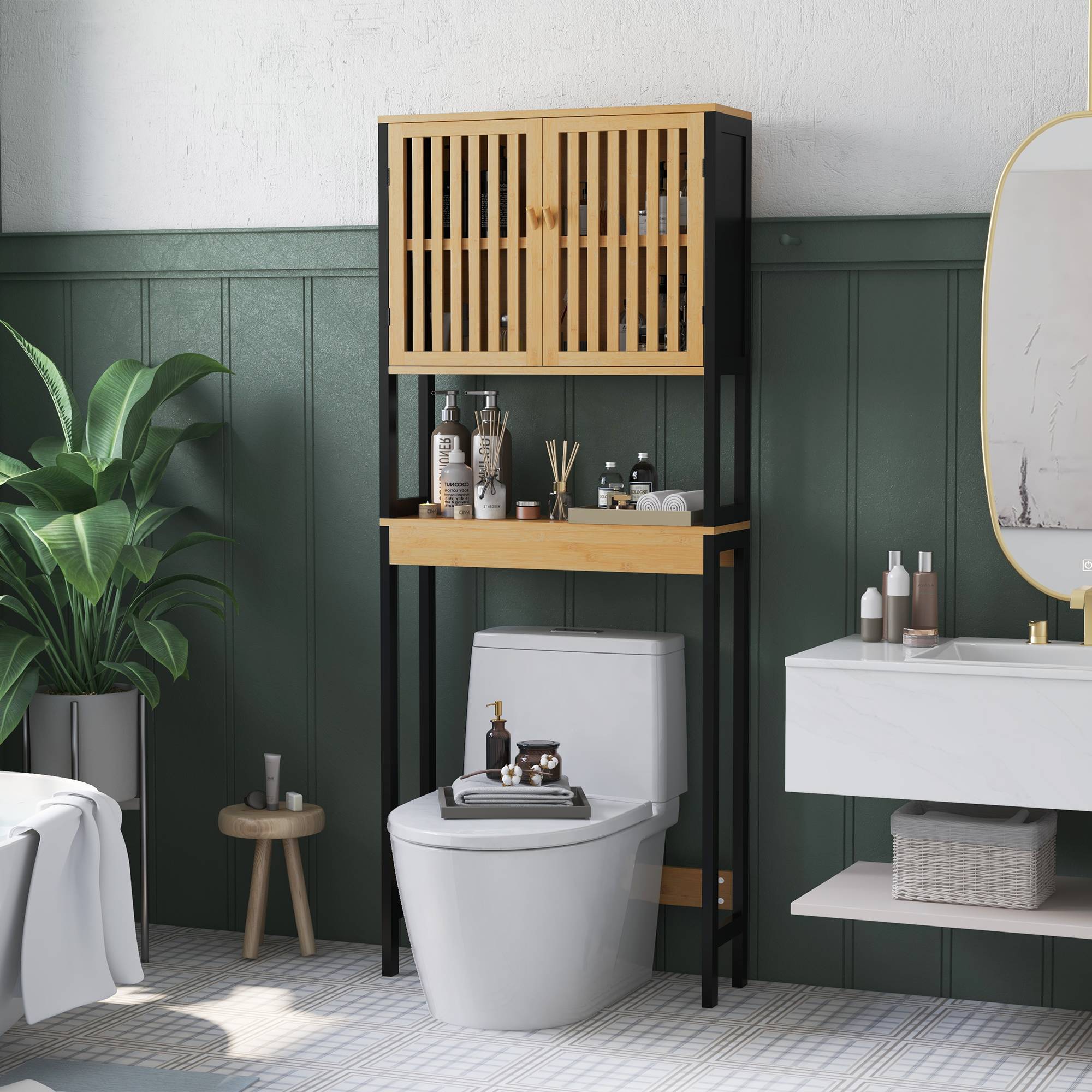Sans Marque - Abattant toilettes 2 portes étagère supérieure bambou - Image 4