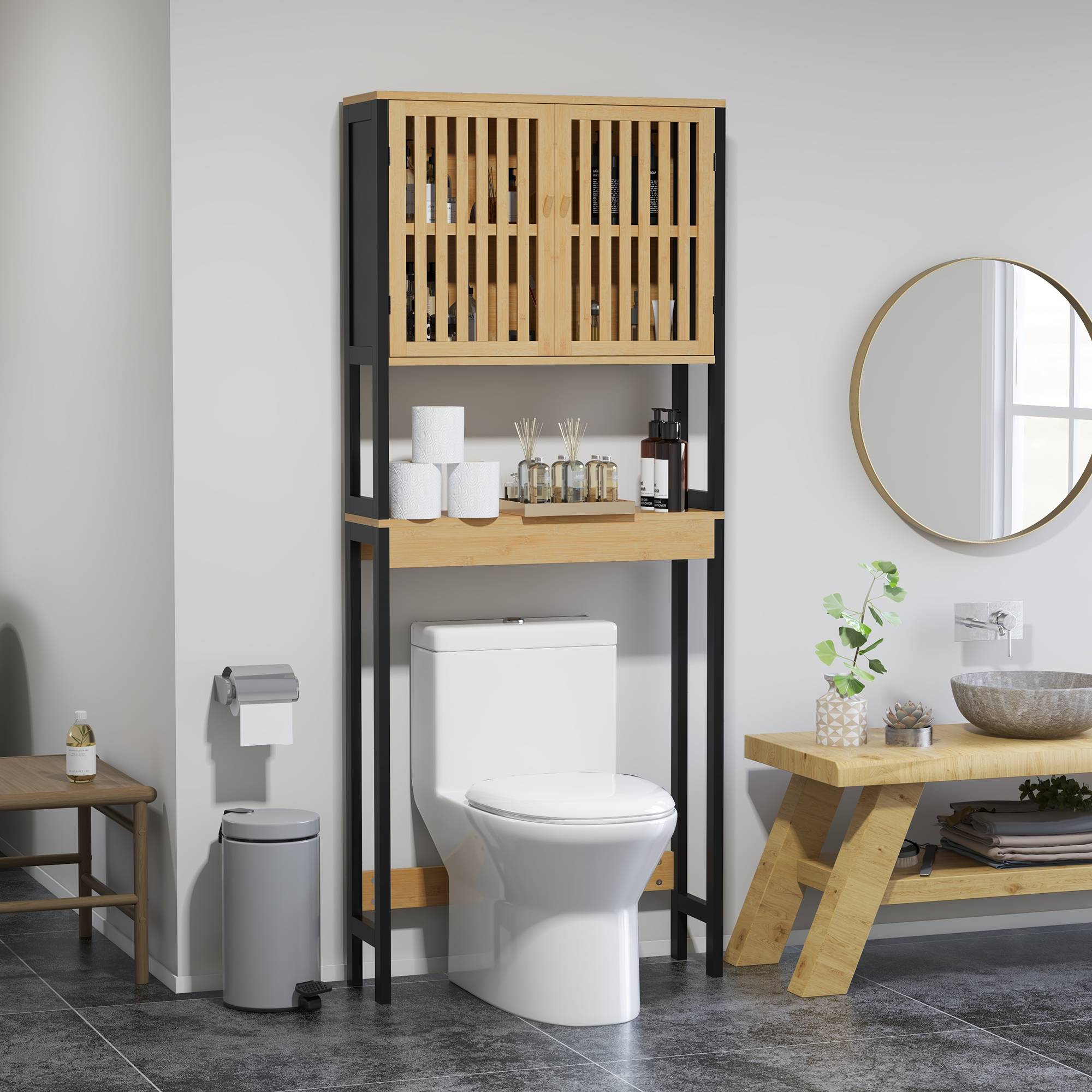 Sans Marque - Abattant toilettes 2 portes étagère supérieure bambou - Image 3