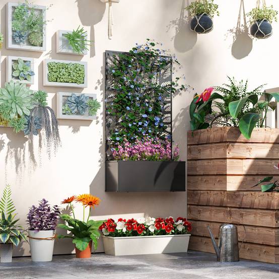 Jardinière avec Treillis en Métal Panneau d'Intimité pour Balcon 61x23x113 cm Noir - ComfortXL Outdoor Living - Image 4