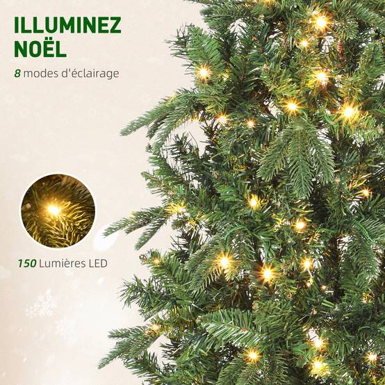 Sapin de Noël artificiel 150 cm, arbre de Noël slim avec 150 lumières 8 modes d'éclairage 431 branches articulées, vert - Image 7