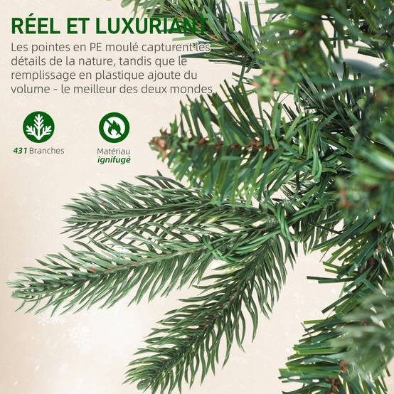 Sapin de Noël artificiel 150 cm, arbre de Noël slim avec 150 lumières 8 modes d'éclairage 431 branches articulées, vert - Image 8