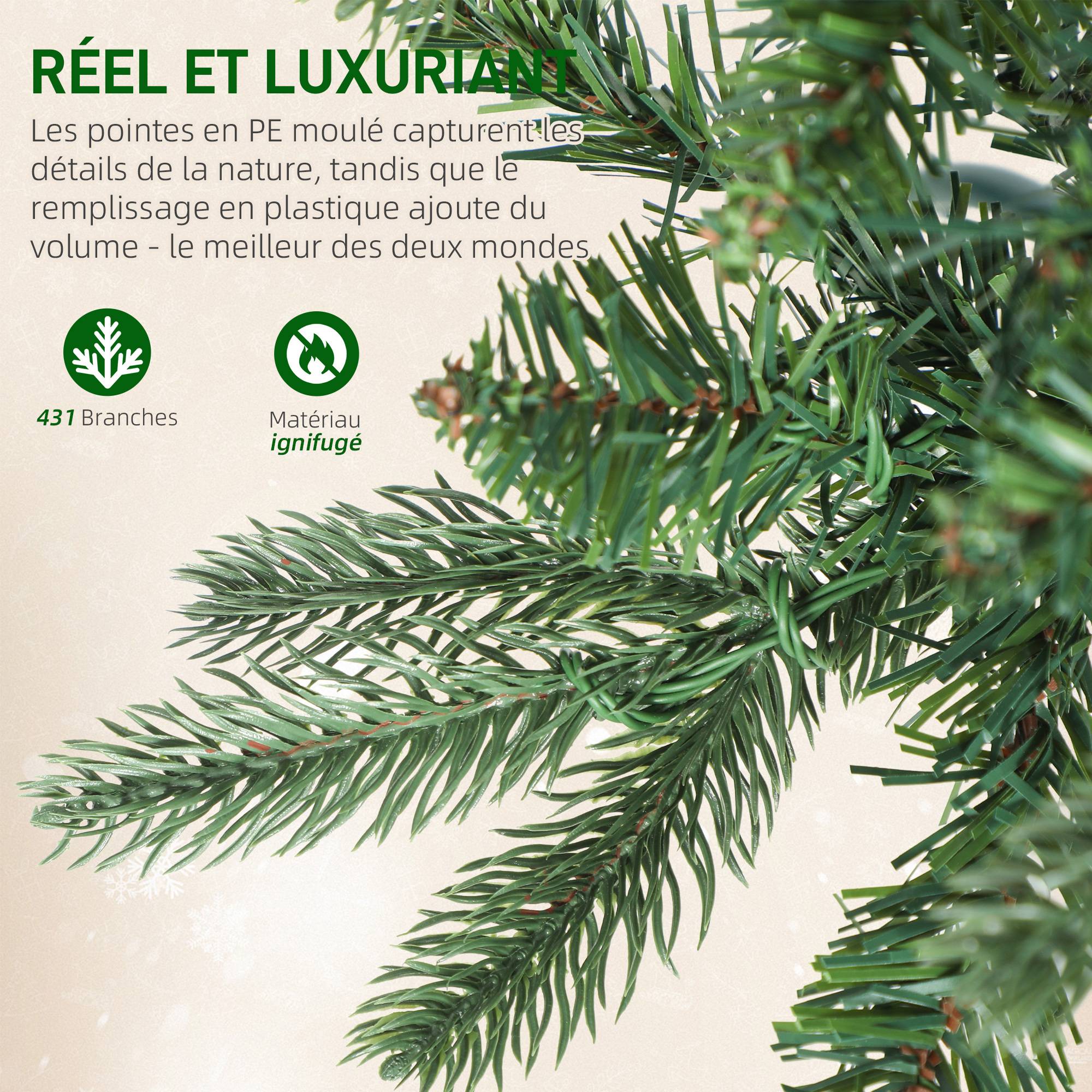Sapin de Noël artificiel 150 cm, arbre de Noël slim avec 150 lumières 8 modes d'éclairage 431 branches articulées, vert - Image 8