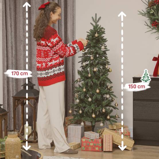 Sapin de Noël artificiel 150 cm, arbre de Noël slim avec 150 lumières 8 modes d'éclairage 431 branches articulées, vert - Image 5