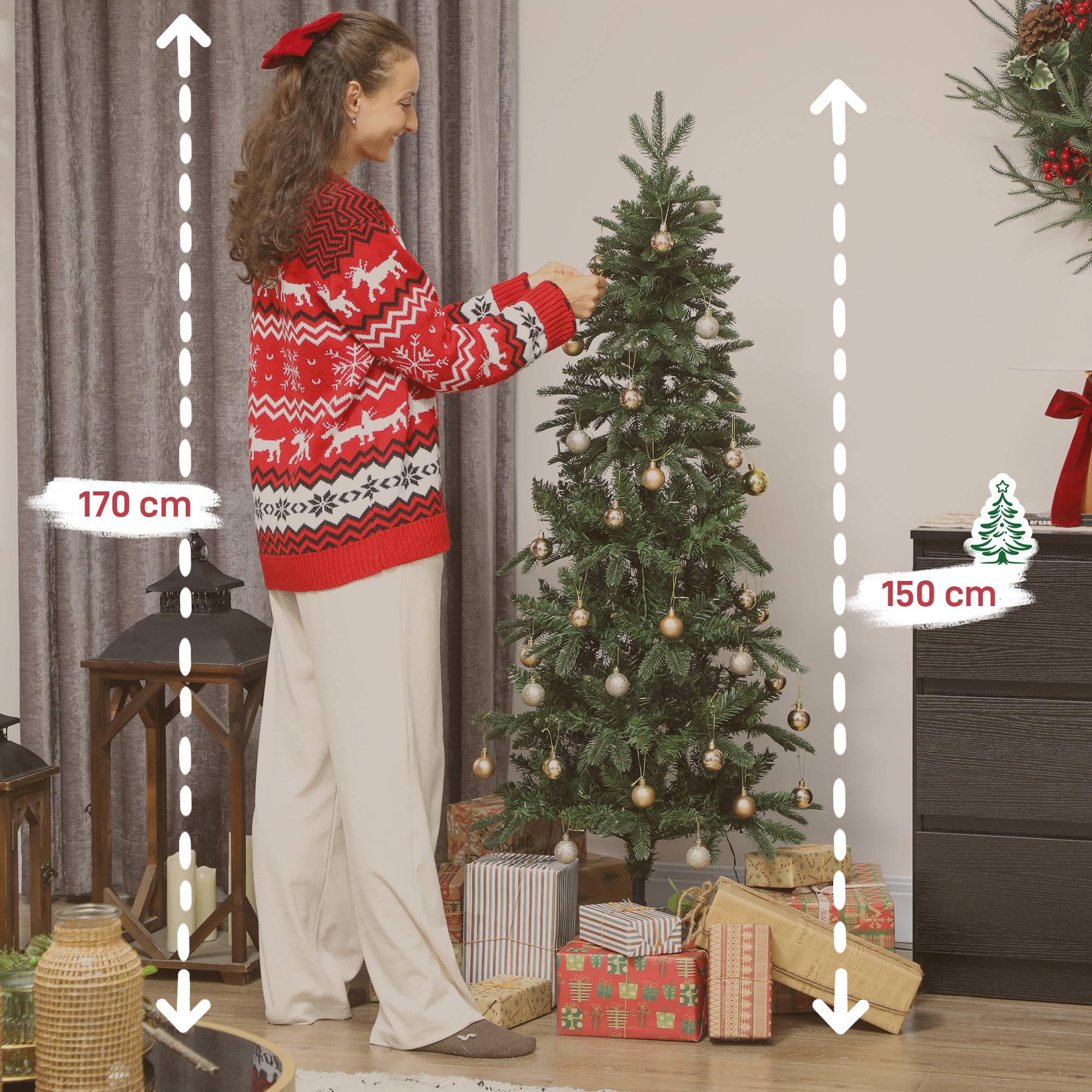 Sapin de Noël artificiel 150 cm, arbre de Noël slim avec 150 lumières 8 modes d'éclairage 431 branches articulées, vert - Image 5