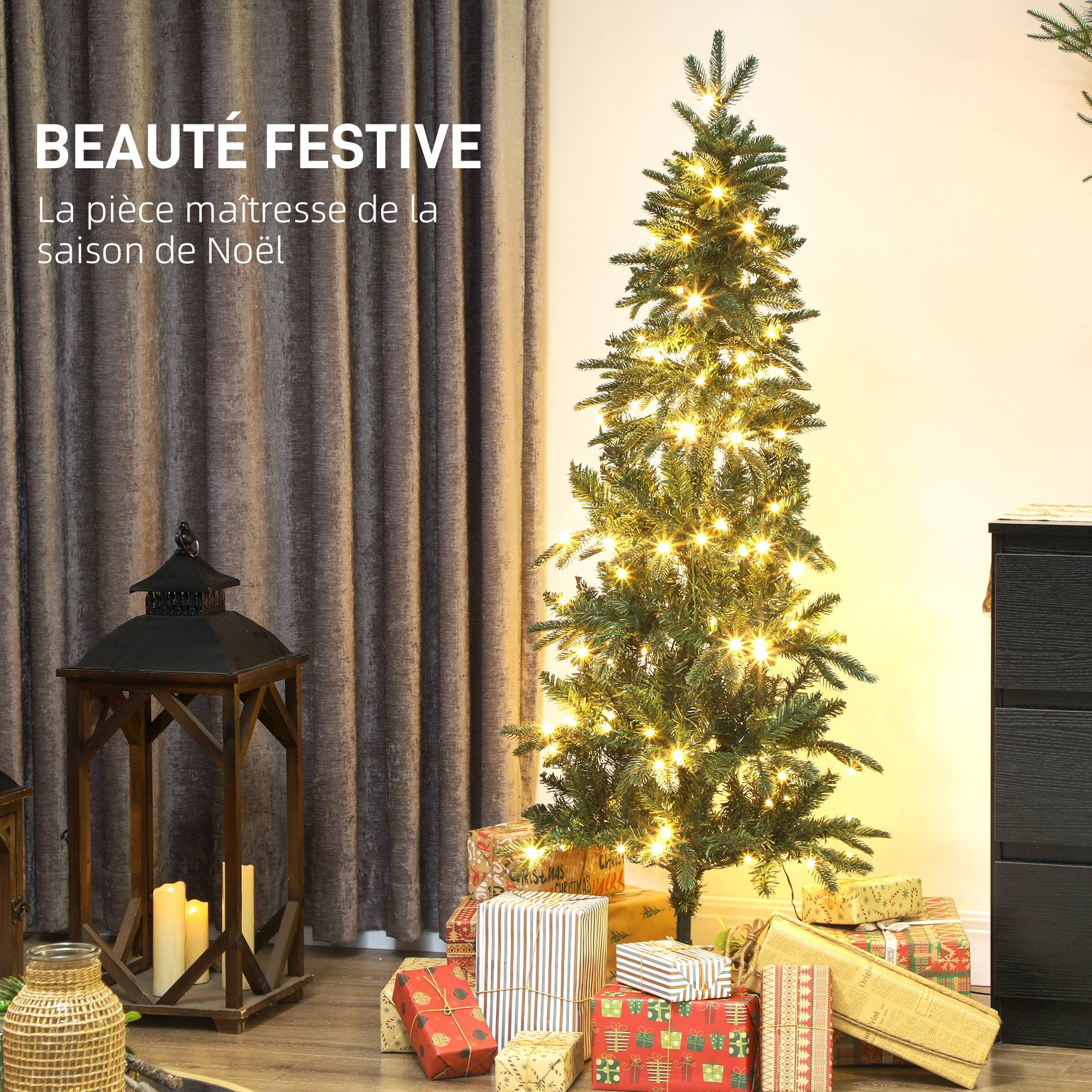 Sapin de Noël artificiel 150 cm, arbre de Noël slim avec 150 lumières 8 modes d'éclairage 431 branches articulées, vert - Image 6