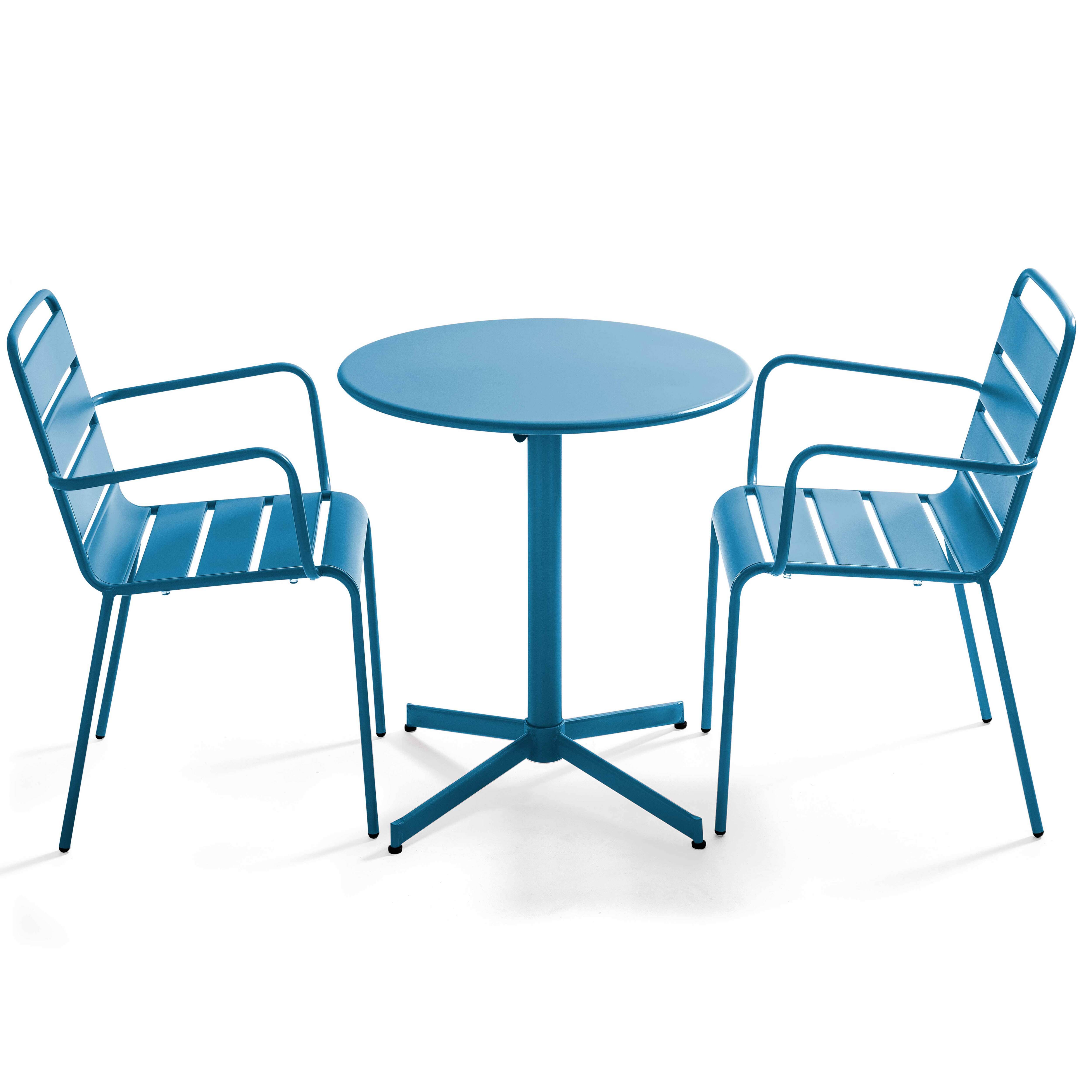 Oviala - Ensemble table de jardin et 2 fauteuils métal bleu pacific Palavas - Oviala - Imagen 1