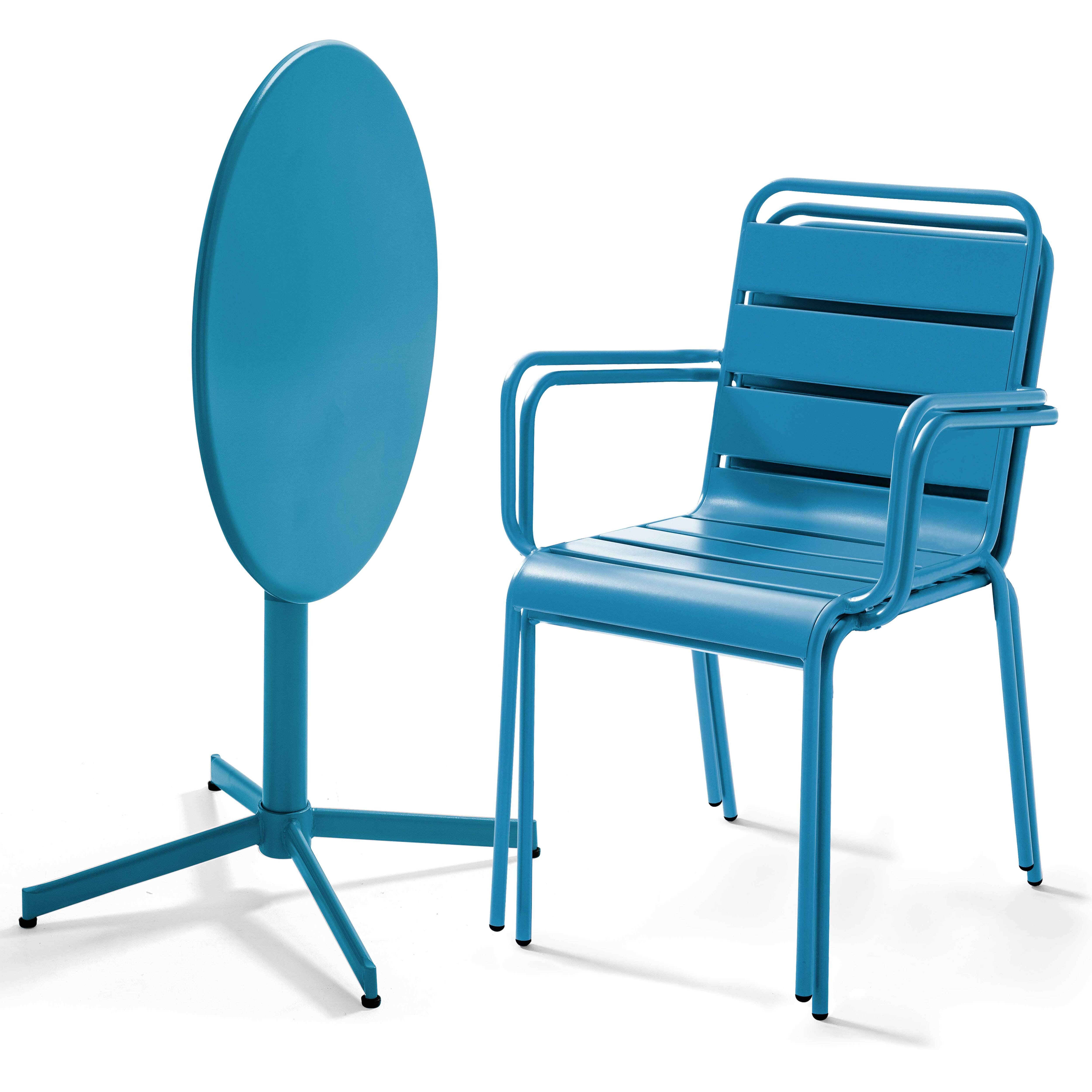 Oviala - Ensemble table de jardin et 2 fauteuils métal bleu pacific Palavas - Oviala - Imagen 2