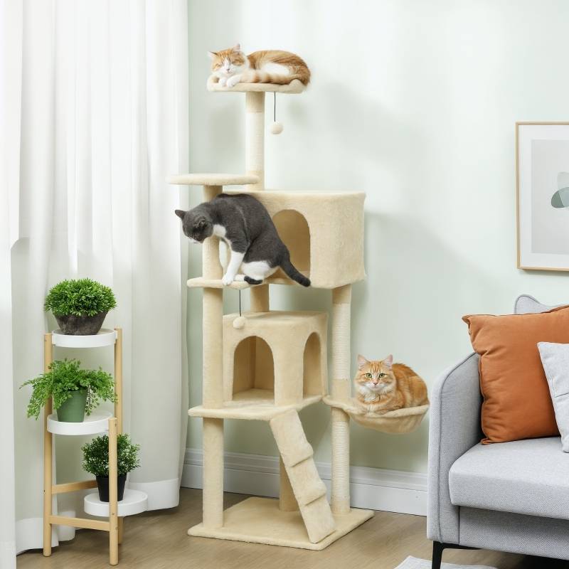 Arbre à chat 160cm avec hamac, échelle, grotte, 2 balles peluche, poteaux sisal 48x48x160cm beige - Image 2