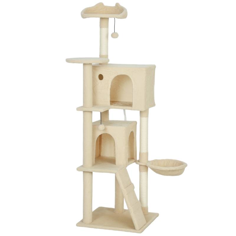 Arbre à chat 160cm avec hamac, échelle, grotte, 2 balles peluche, poteaux sisal 48x48x160cm beige