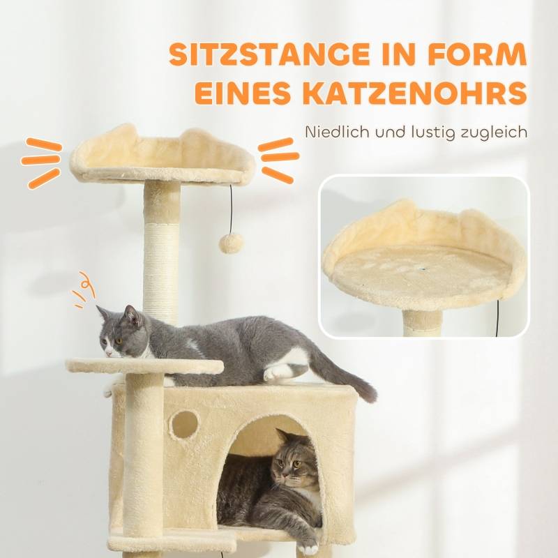 Arbre à chat 160cm avec hamac, échelle, grotte, 2 balles peluche, poteaux sisal 48x48x160cm beige - Image 5
