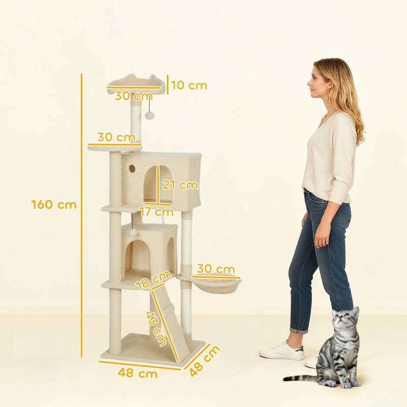 Arbre à chat 160cm avec hamac, échelle, grotte, 2 balles peluche, poteaux sisal 48x48x160cm beige - Image 3