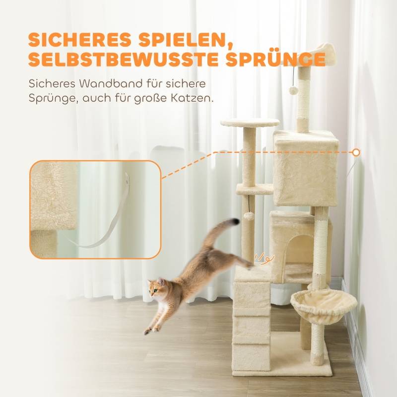 Arbre à chat 160cm avec hamac, échelle, grotte, 2 balles peluche, poteaux sisal 48x48x160cm beige - Image 6