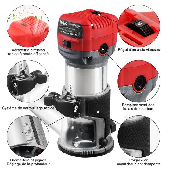 Affleureuse Électrique 800W, 13000‑33000 RPM, Housse Anti-Poussière, 15 Fraises 1/4", 6 Vitesses, 3 Pinces 6/6.35/8mm - Image 4