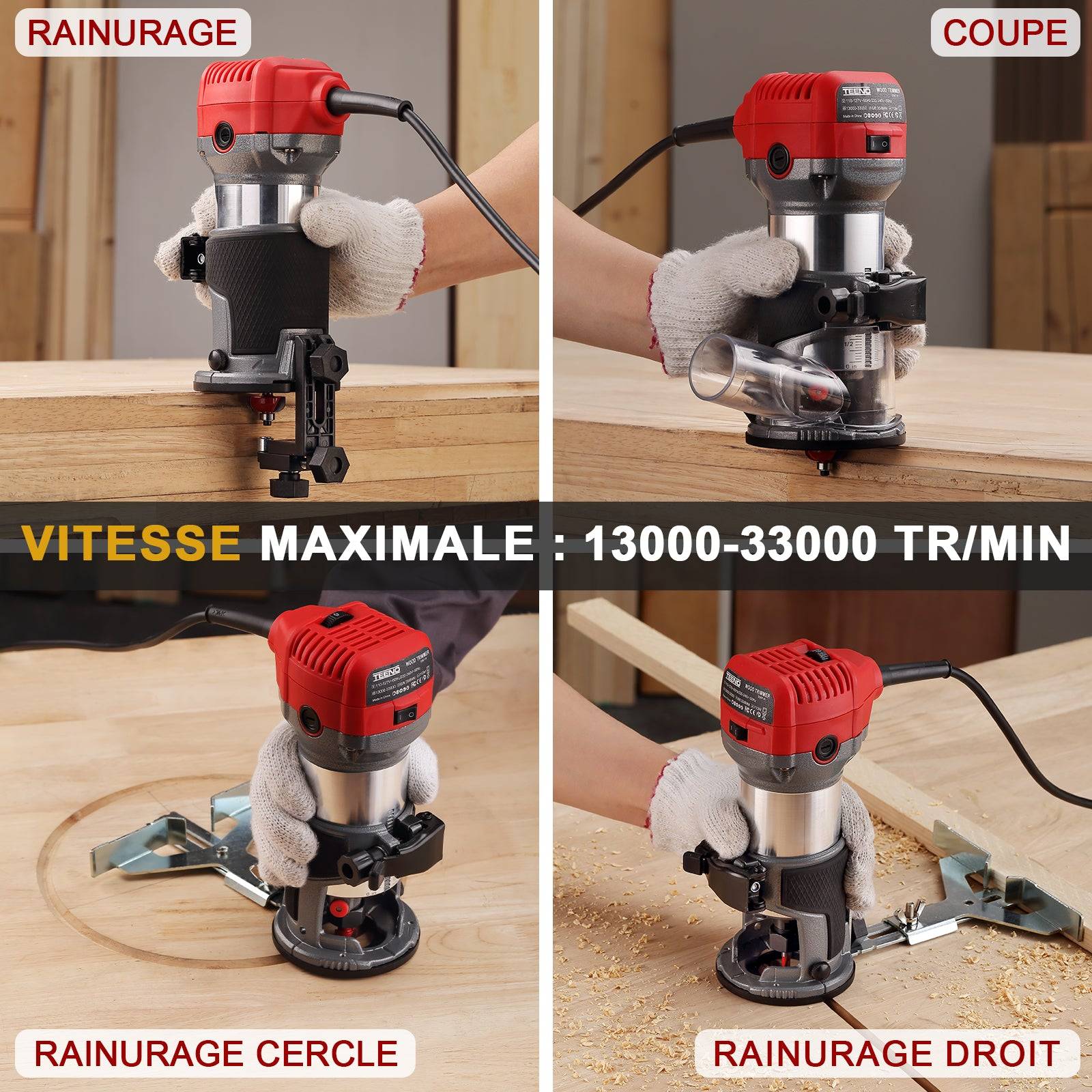 Affleureuse Électrique 800W, 13000‑33000 RPM, Housse Anti-Poussière, 15 Fraises 1/4", 6 Vitesses, 3 Pinces 6/6.35/8mm - Image 6